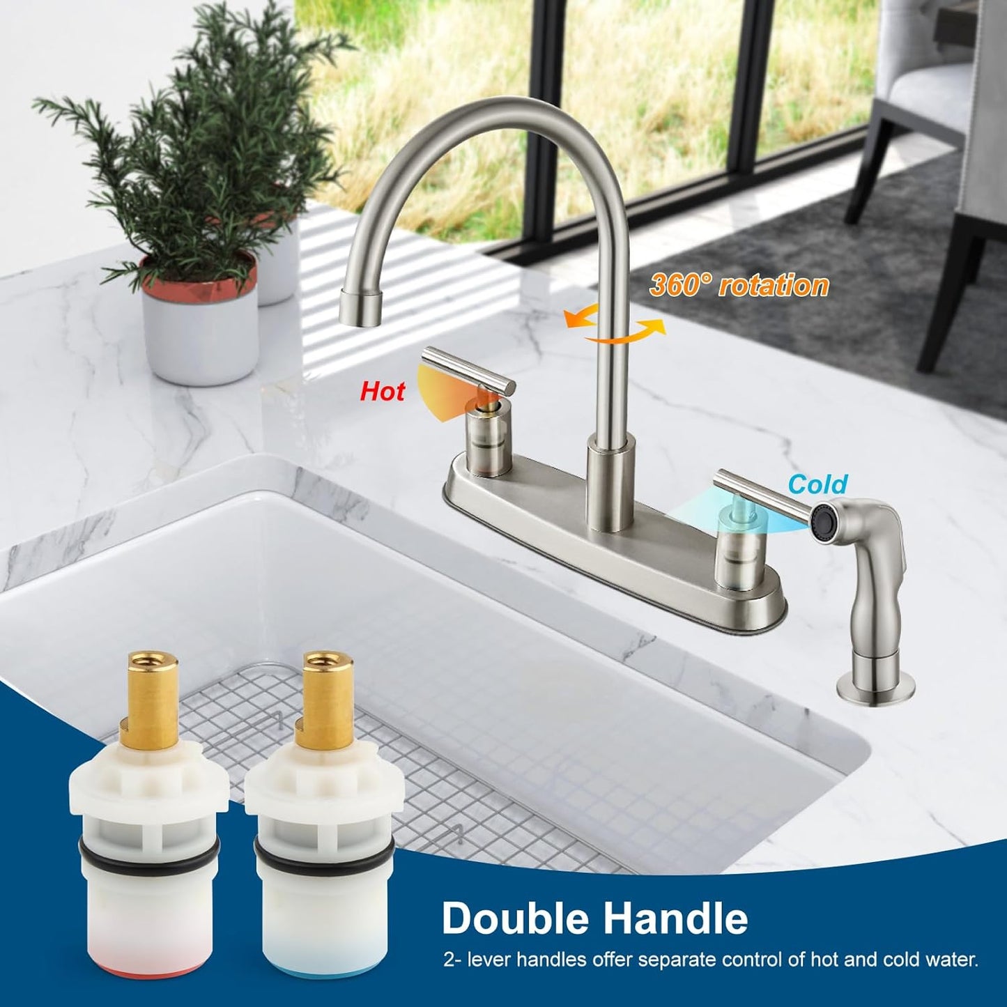 Brushed Nickel Kitchen Faucet with 360° Rotating Spout & Side Sprayer - 2 Handle, 8 Inch Centerset