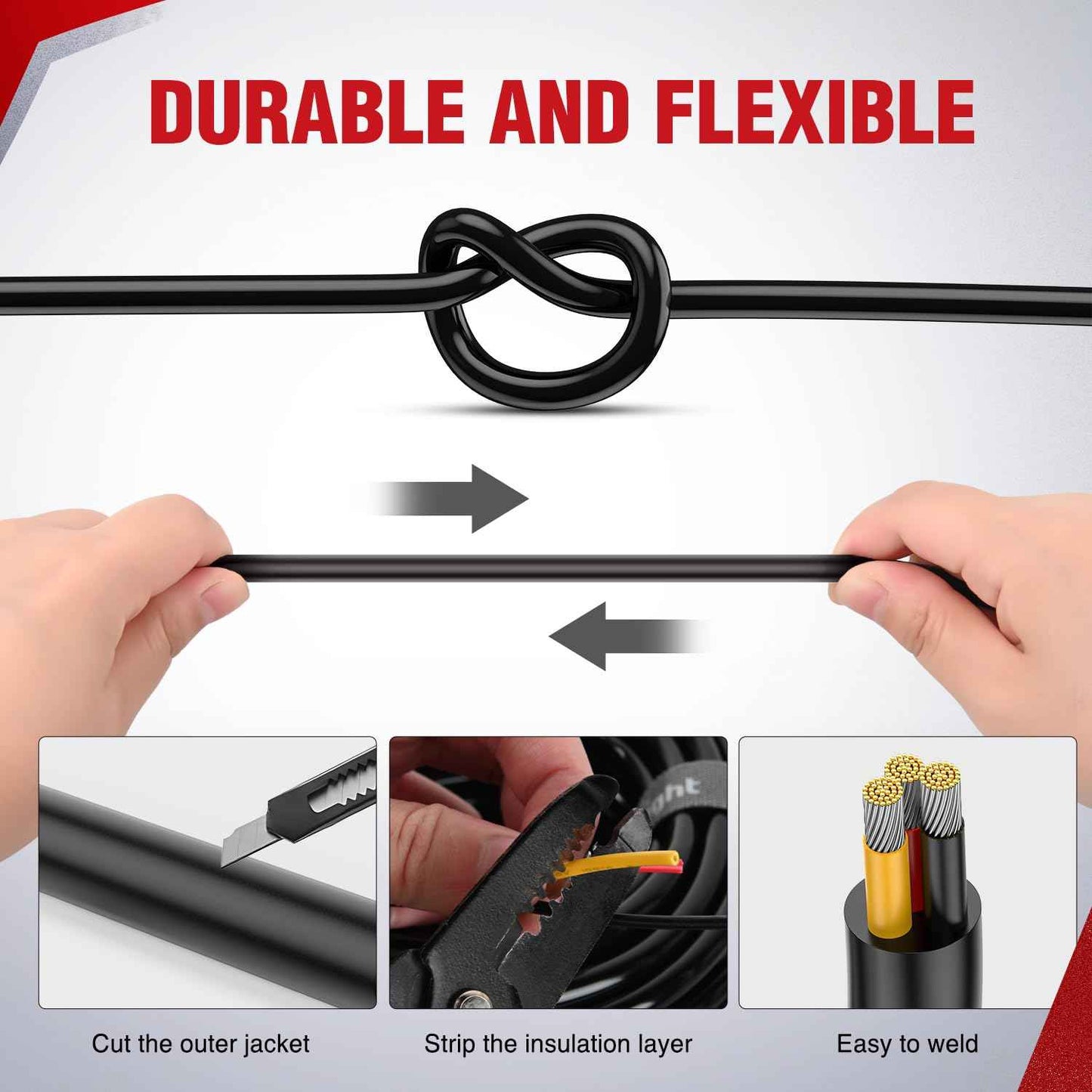 Nilight 50FT 20 Gauge 3 Conductor Electrical Wire Tinned Oxygen Free Copper Red Black Yellow 3 Wires Parallel 600V DC Flexible PVC Case Extension Cords for LED Strips Lamps Lighting