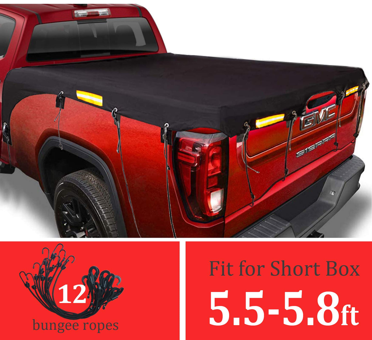 Softclub Upgraded Truck Bed Tarp Cover for Short Box（5.8’ Box） Fit for Ford F150 GMC Silverado/Sierra Ram, Waterproof Heavy Duty 600D Oxford Fabric, Pickup Truck Bed Covers with Bungee Webbings-Black