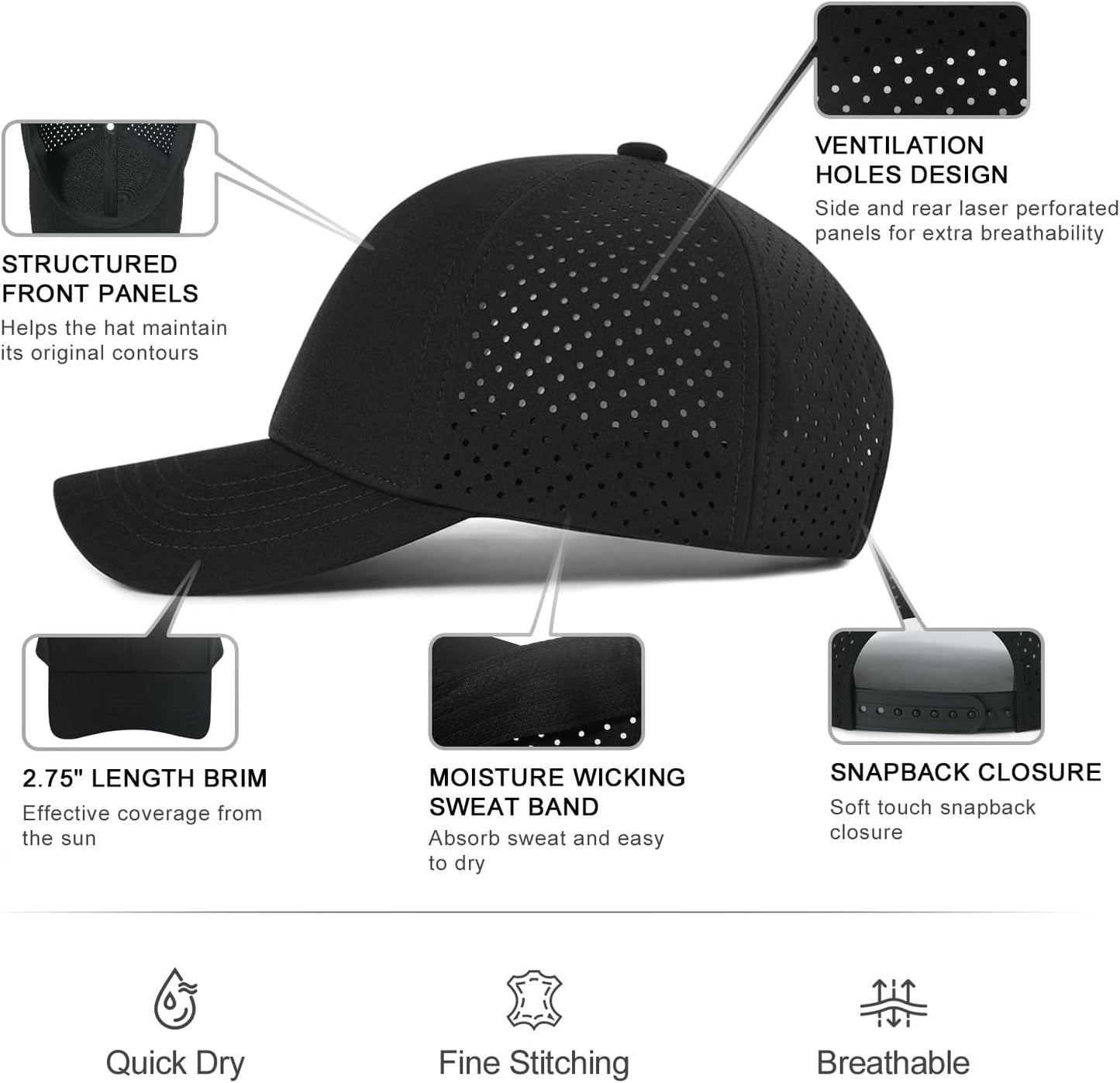 VOBOOM Men's Quick-Dry Baseball Cap - Laser Cut Mesh Design | Curved Brim Snapback Hat