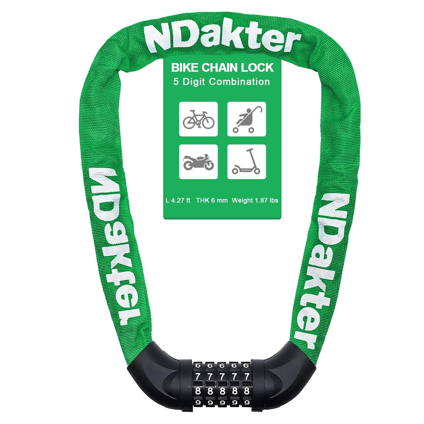 NDakter Bike Chain Lock, 5 Digit Combination Heavy Duty Anti Theft Bicycle Chain Lock,2.62/3.2/4.27/5/6Ft Long Security Resettable Bike Locks for Bike, Bicycle, Scooter, Door, Gate, Fence-4/6mm Thick
