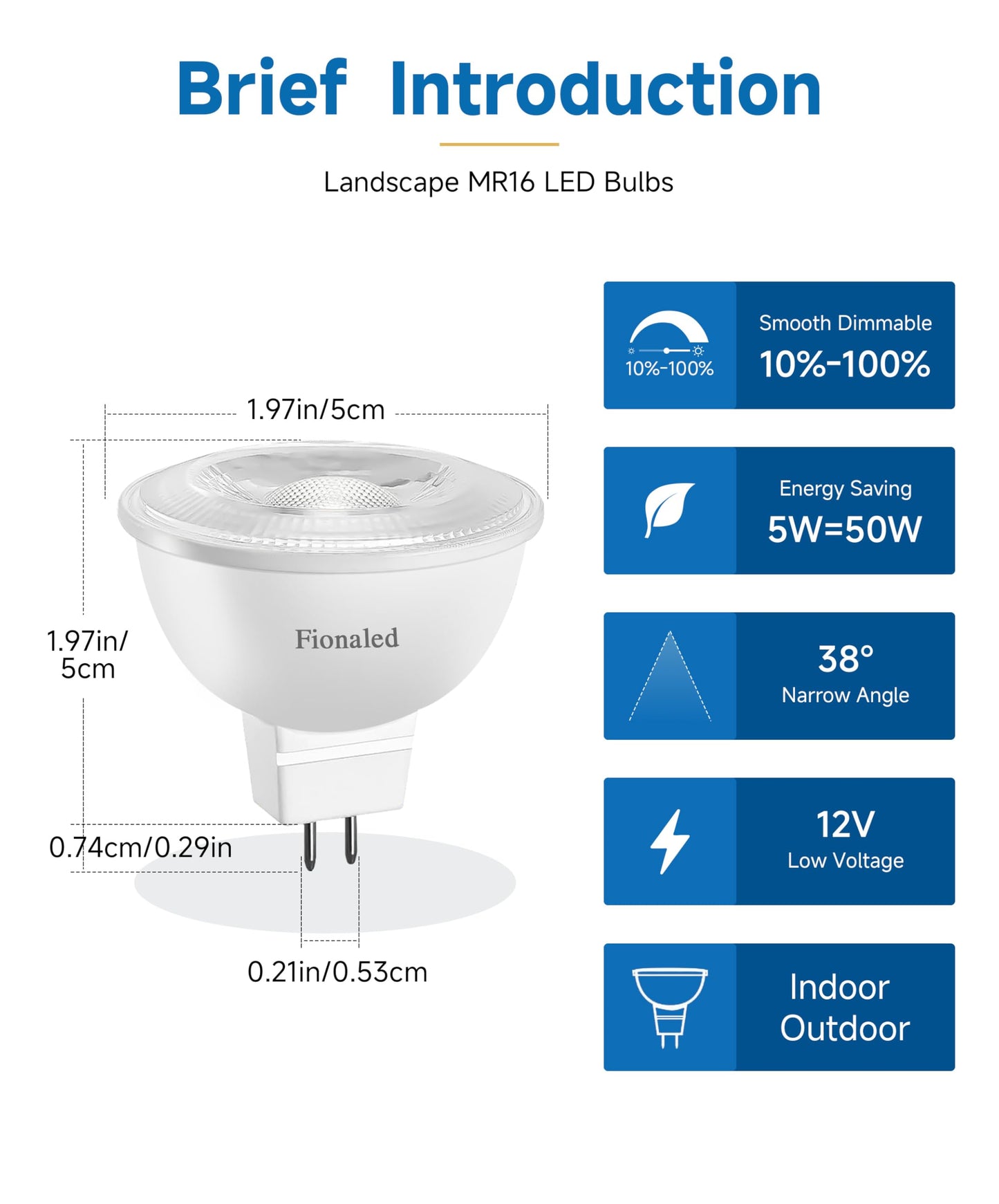 Fionaled MR16 LED Bulbs Dimmable, 50W Halogen Replacement, 2700K Cozy Warm White, GU5.3 Bipin Base, 5W 12V Low Voltage Landscape Recessed Lighting Bulbs,6-Pack