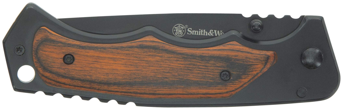 Smith & Wesson 8.5in S.S. Folding Knife with 3.7in Drop Point Blade and S.S. and Real Wood Insert Handle for Outdoor, Tactical, Survival and EDC