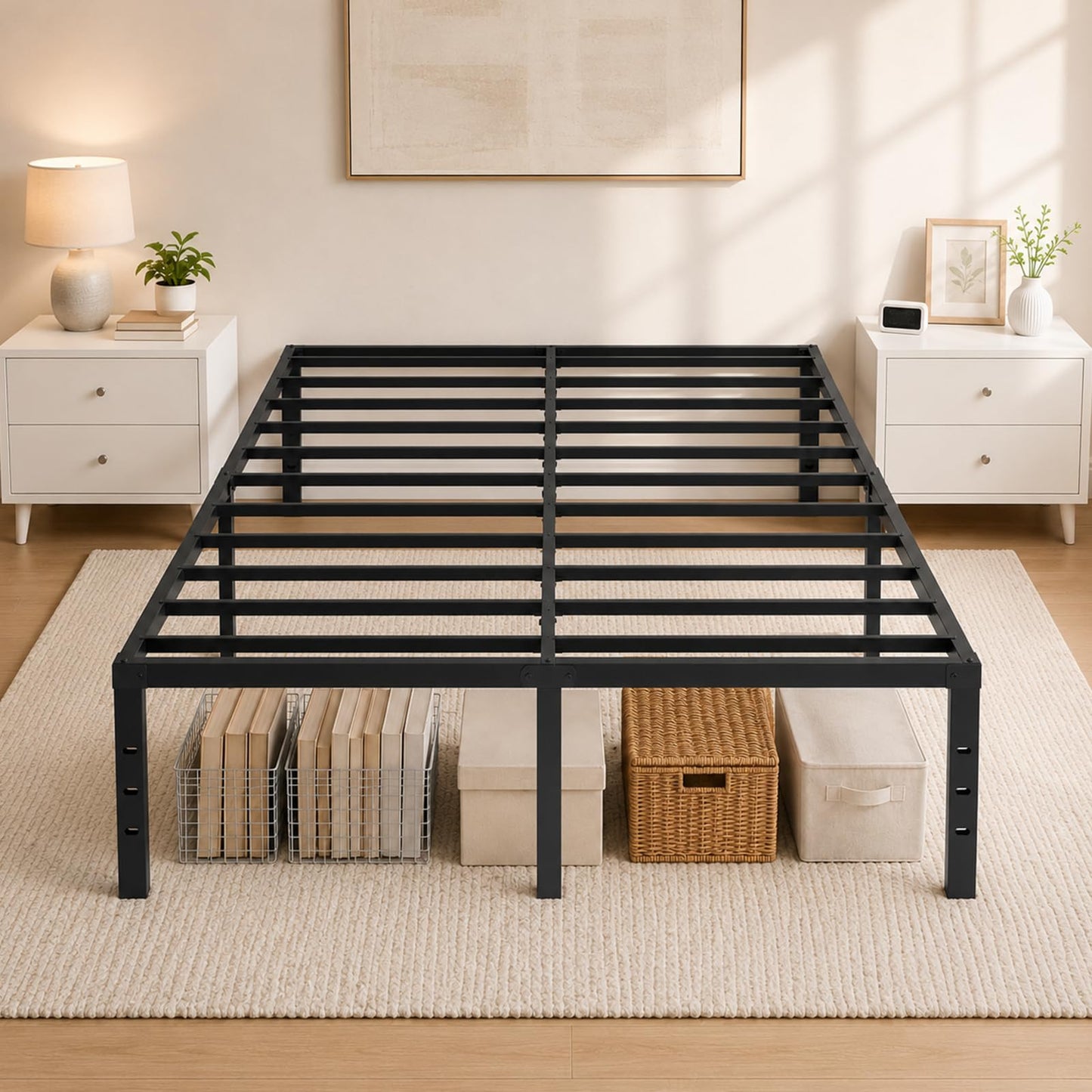 UNIPEAK Queen Bed Frame with Underbed Storage Space, Metal Heavy Duty Platform Mattress Foundation, Easy Assembly, No Box Spring Needed, Black, 14 Inch Height