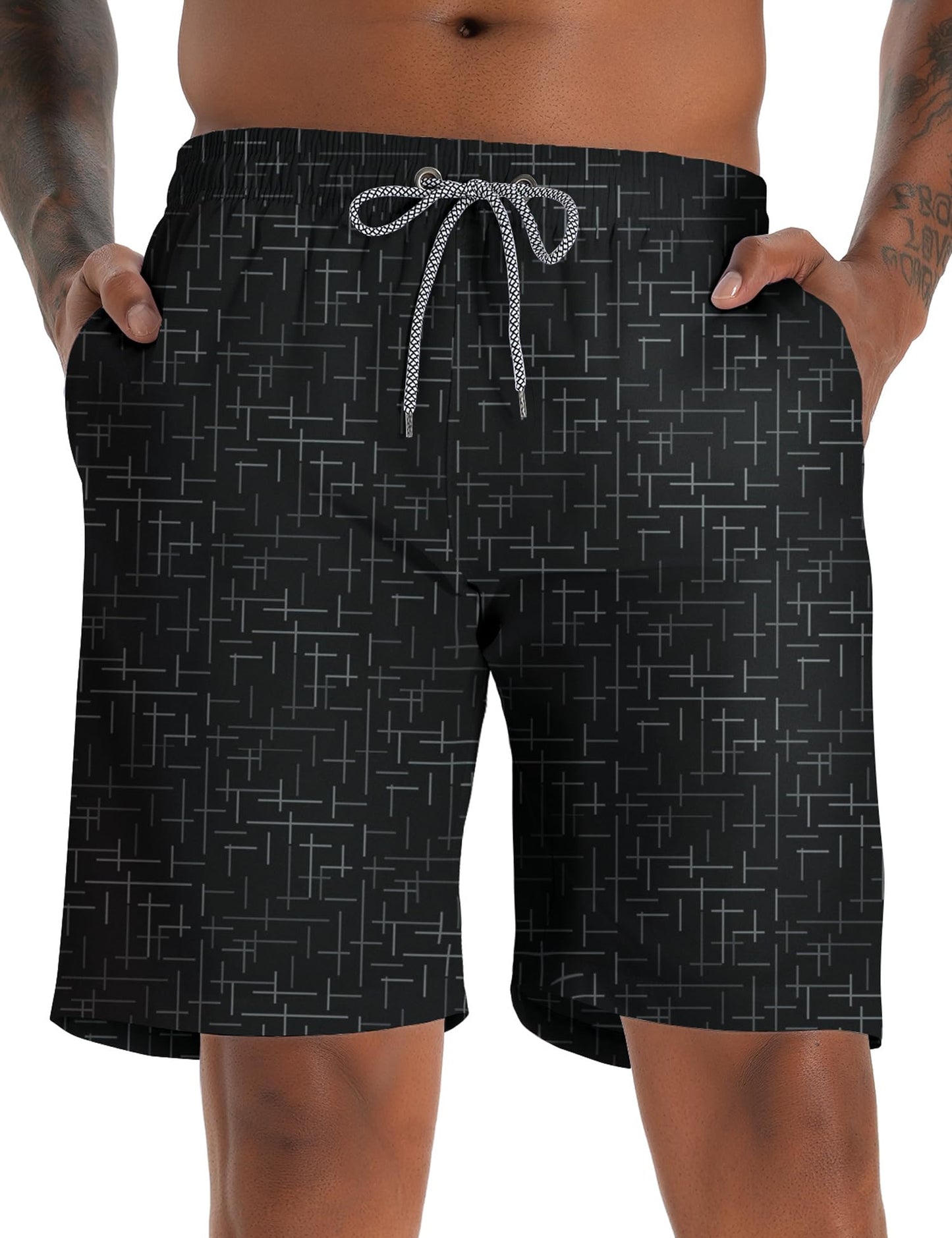 ELETOP Men's Swim Trunks Quick Dry Bathing Suit Swimming Board Shorts Mesh Lining Beach Swimwear Line Black L