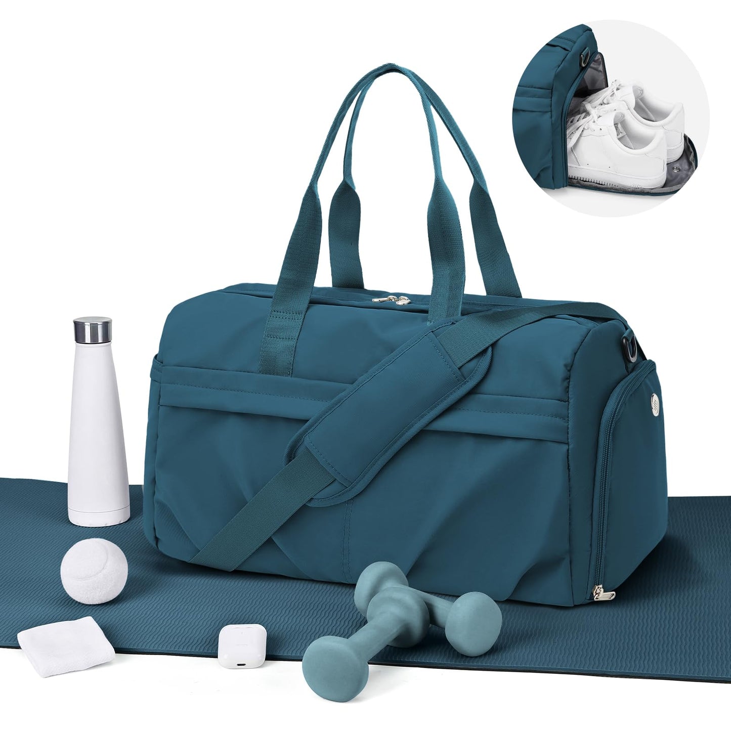 Gym Bag for Women Men with Shoe Compartment, Sport Duffel Bag, Waterproof Travel Weekender Overnight Carry on Bag for Yoga with Trolley Sleeve, Peacock Blue