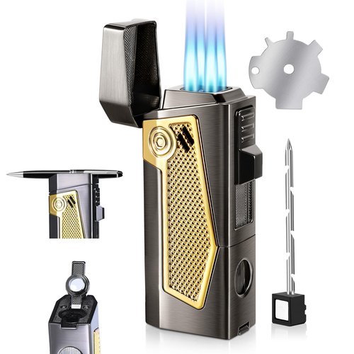 Reetsing 4 Torch Jet Flame Lighter with Punch & Holder - Refillable Butane Windproof Torch Lighter - Multi-Functional Lighter Accessory,Premium Gift for Men（Without Butane）