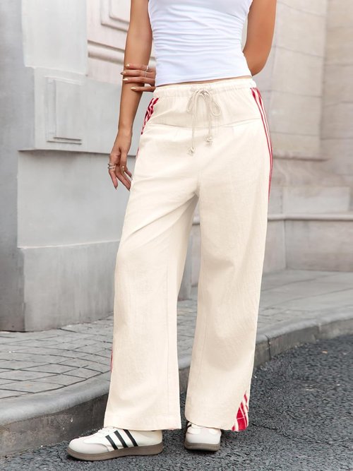 Fisoew Wide Leg Pants - High Waisted Striped Palazzo with Drawstring & Pockets | Comfortable Fit
