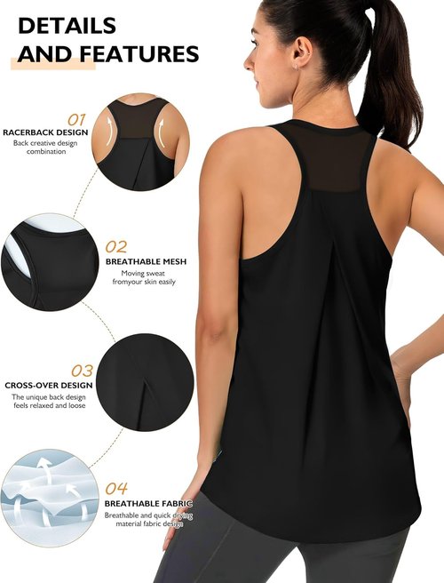 AURUZA Athletic Tank Tops for Women - Racerback Mesh Yoga Shirts | Black, Size Small