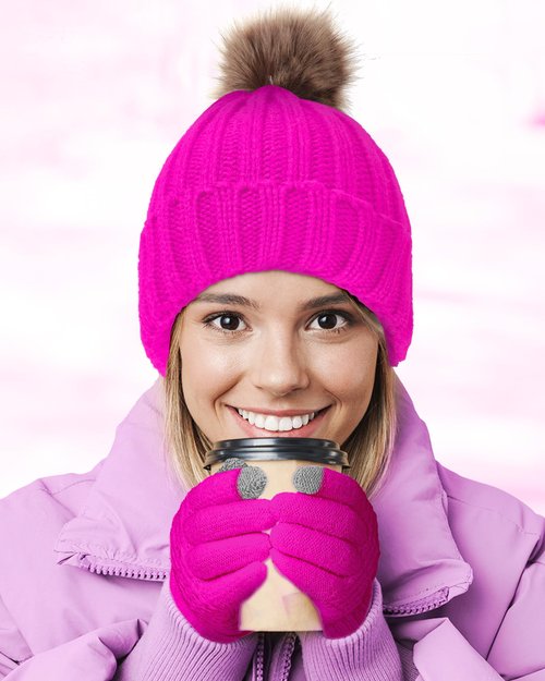 4 Pcs Winter Beanie Hat Gloves Set Pom Knit Unisex Warm Fleece Lined Hat Touchscreen Gloves for Women Men Couples Friends(White and Pink)