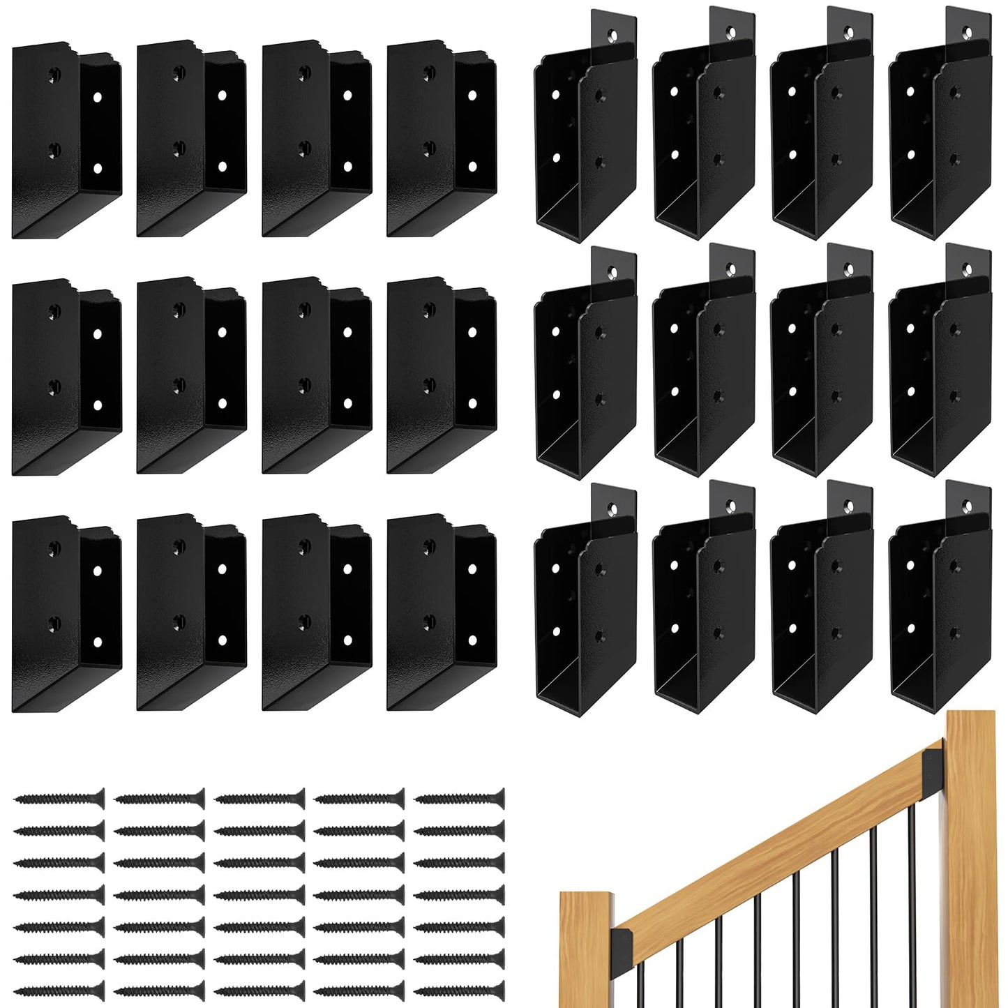 FMhotu 30° Stair Angle Stainless Steel Deck Railing Brackets Connectors for 2"x4" (Actual 1.5"x3.5") Railing Wood Post Stair Fence Railing Connectors with Coated Wood Screws,(12 Pair/Black)
