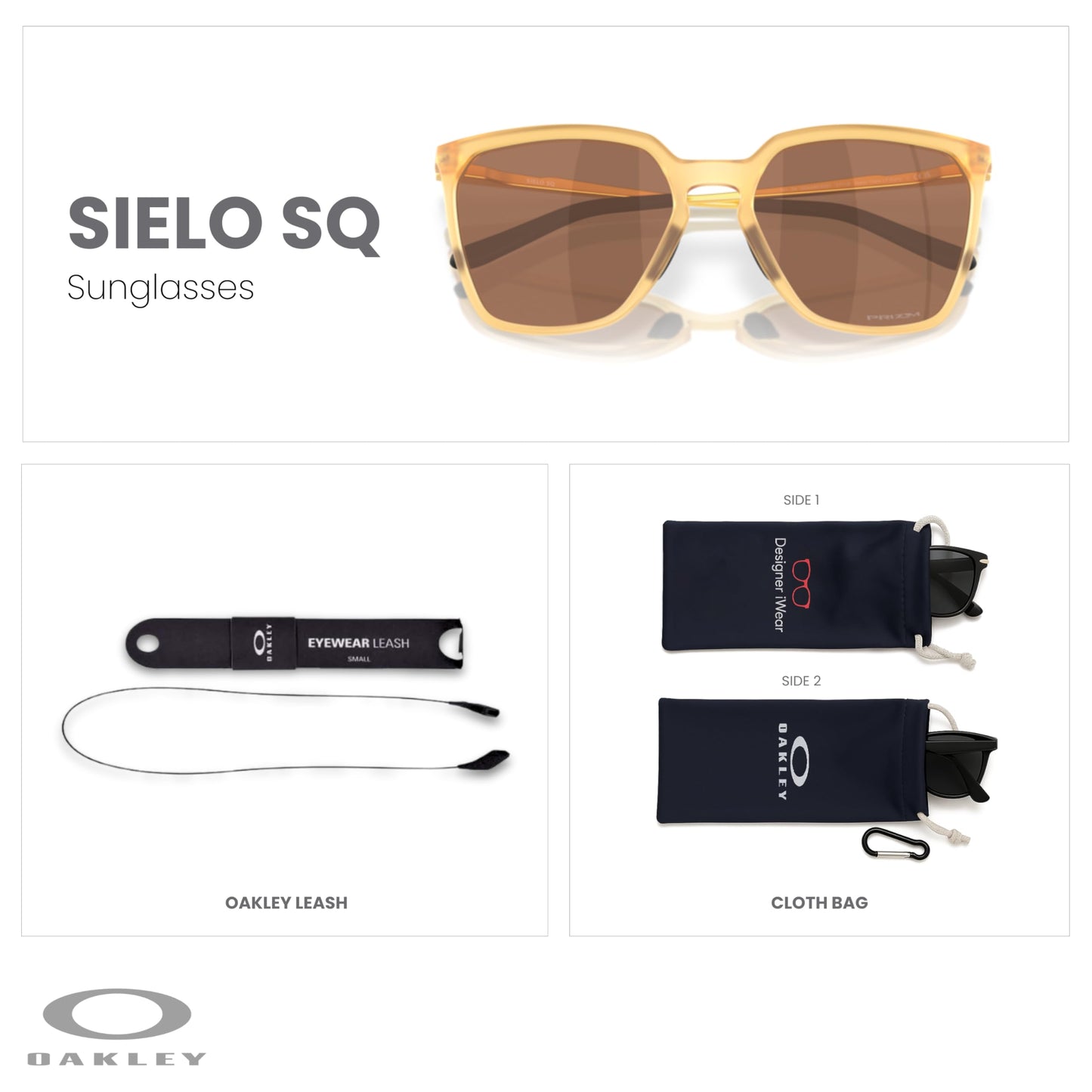 OAKLEY Sielo SQ OO9480 948005 57MM Matte Transparent Light Curry/Prizm Tungsten Rectangle Sunglasses for Women+ Bundle Accessory Leash Kit, Microfiber Pouch