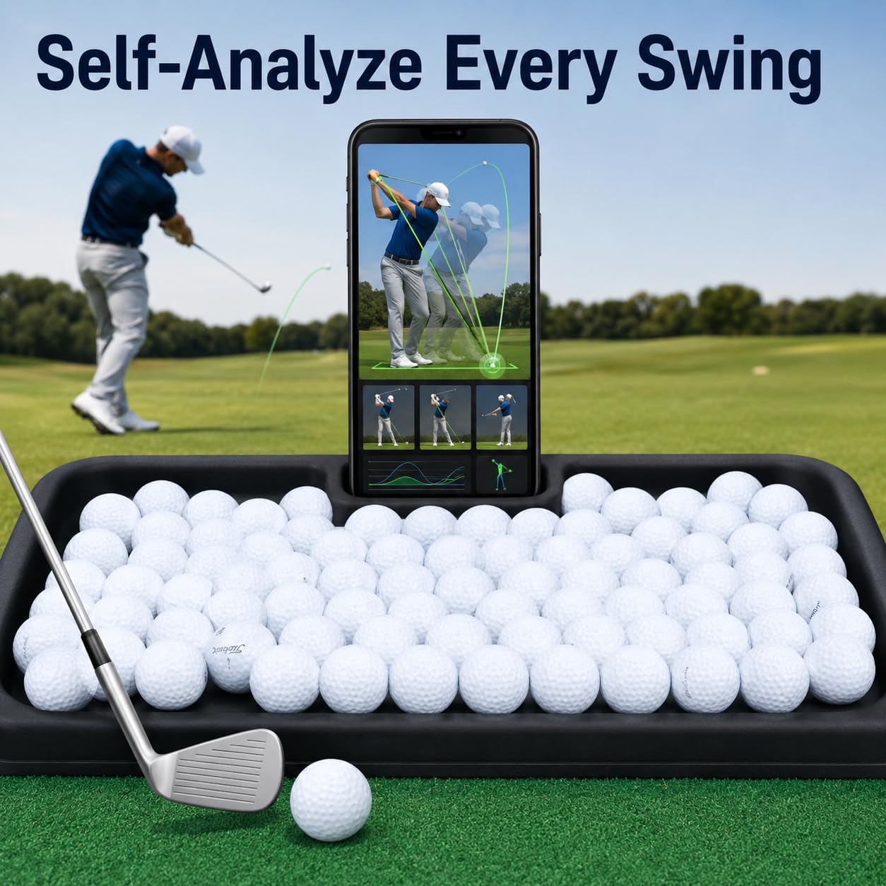 Japard Golf Ball Tray with Built-in Phone Holder Large Capacity 100 Golf Ball Organizer, 23.2" Wide Simulator, Indoor Outdoor Training, Swing Recording Black