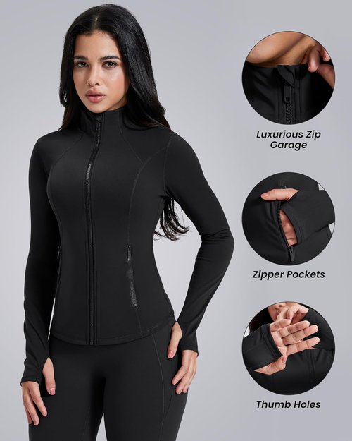 AVGO Women's Lightweight Athletic Workout Jacket - Slim Fit Zip-Up with Pockets & Thumb Holes