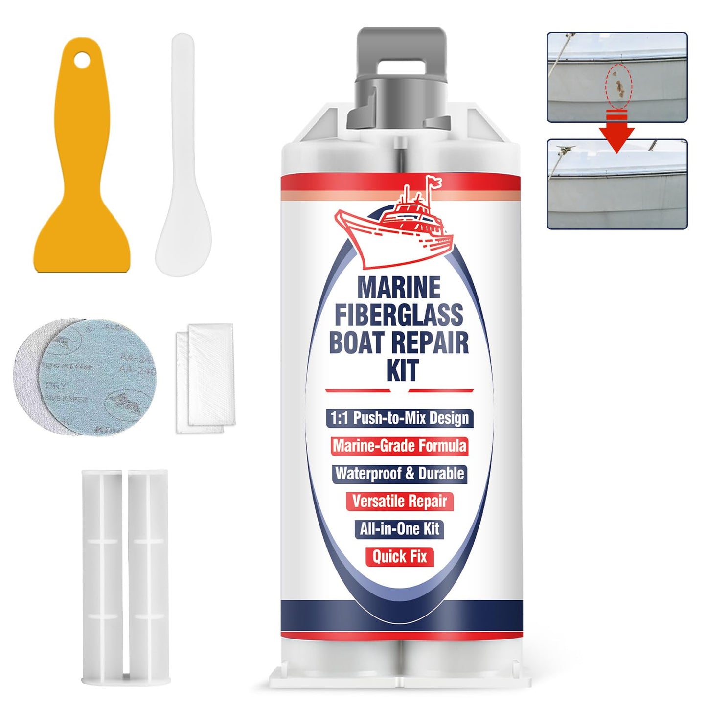 AstraVox Marine Fiberglass Repair Kit for Boats, Waterproof Gel Coat Repair Kit for Boats, Marine Epoxy Filler for Jet Ski, Kayak, Yacht, Speedboat, Dinghy, Fix Hole, Chip, Crack, Scratch (White)
