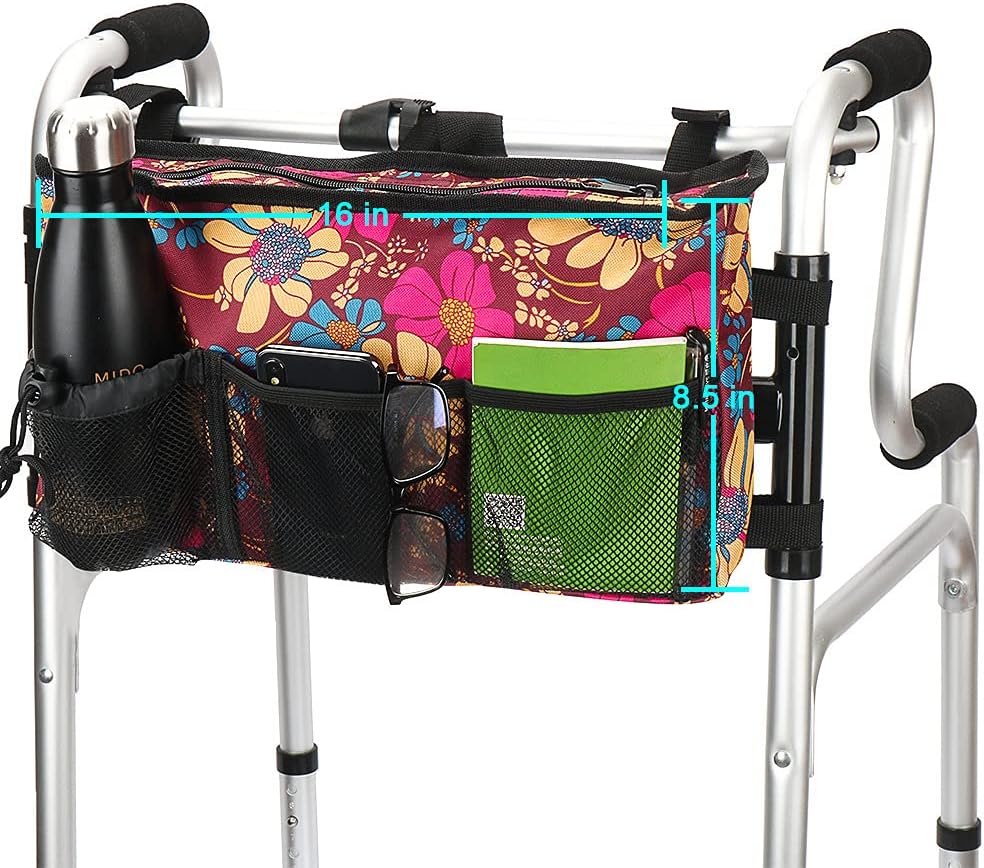 Walker Bag - Water Resistant Pouch Basket with 6 Pockets for Rollators & Wheelchairs | Floral Design