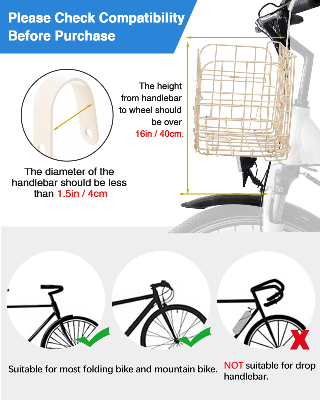 Zacro Bike Basket Front White, Folding Bicycle Basket with Removable Liner Bag, Large Quick Release Design Metal Ebike Basket for Adult Women/Men Carrying Dogs, Pets, Fruit & Grocery