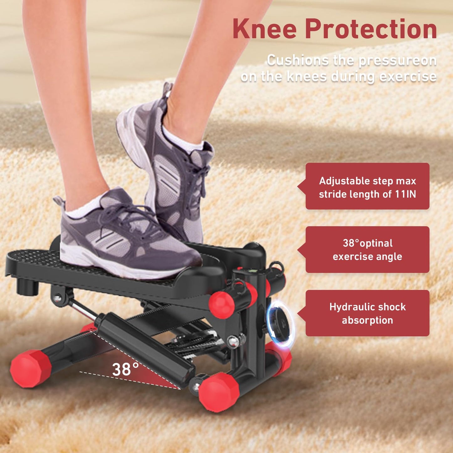LUBBYGIM Mini Stepper with Resistance Bands, Steppers for Exercise at Home, Stair Stepper with 350lbs Loading Capacity for Full Body Workout, Red