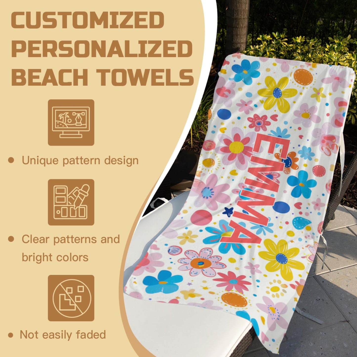 WNNNS Personalized Beach Towels for Adults & Kids Custom Beach Towel with Names for Women Men Oversized Sand Free Soft Cotton/Poly Blend Bath Pool Swim Towel Quick Dry Customized Girls Beach Towel