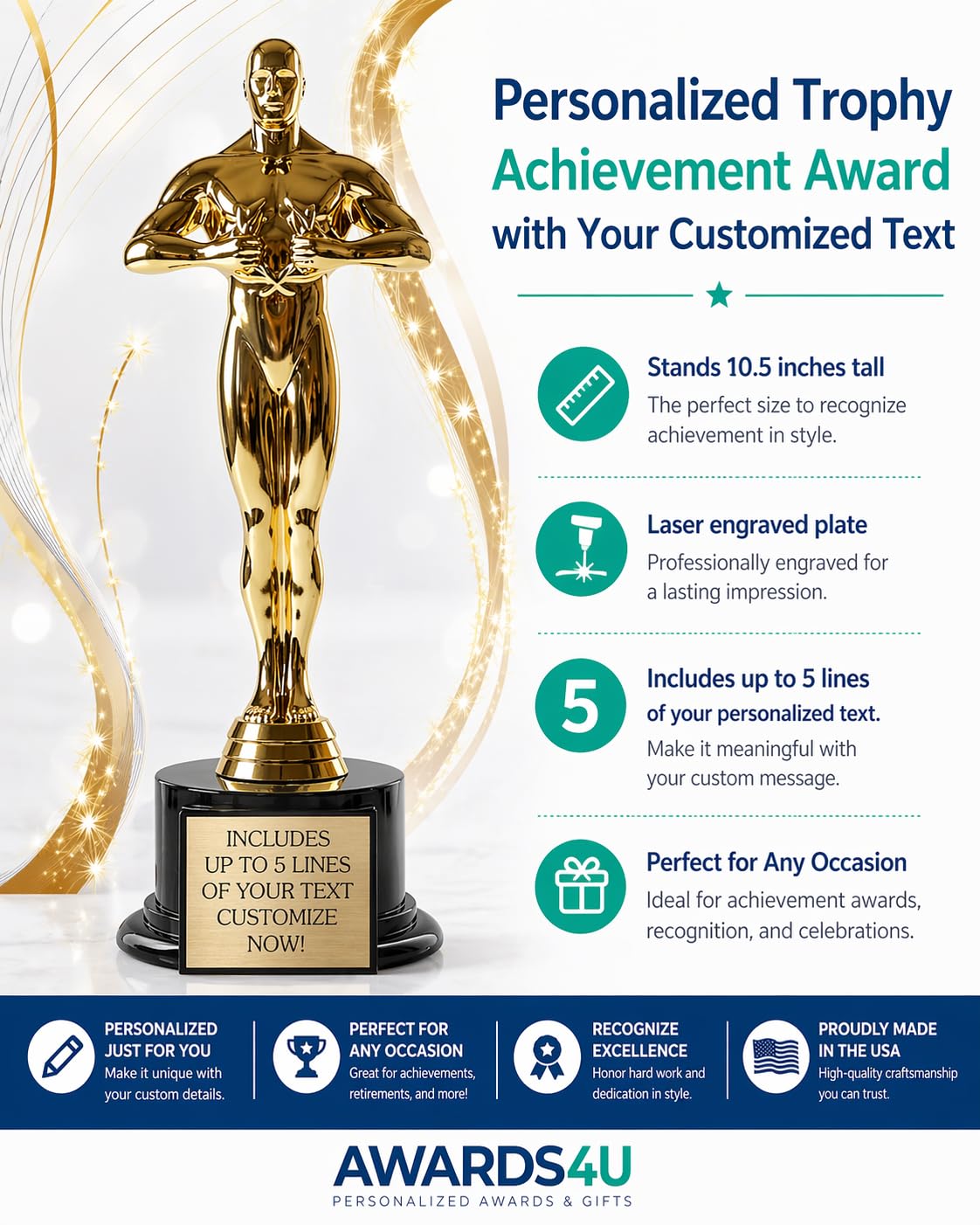 Achievement Custom Trophy 10.5 Inches Tall - Customized Golden Statue Award with Personalized Engraved Plate - Modern Victory Academy Statue - Best Actor Trophies - Personalize it Now!