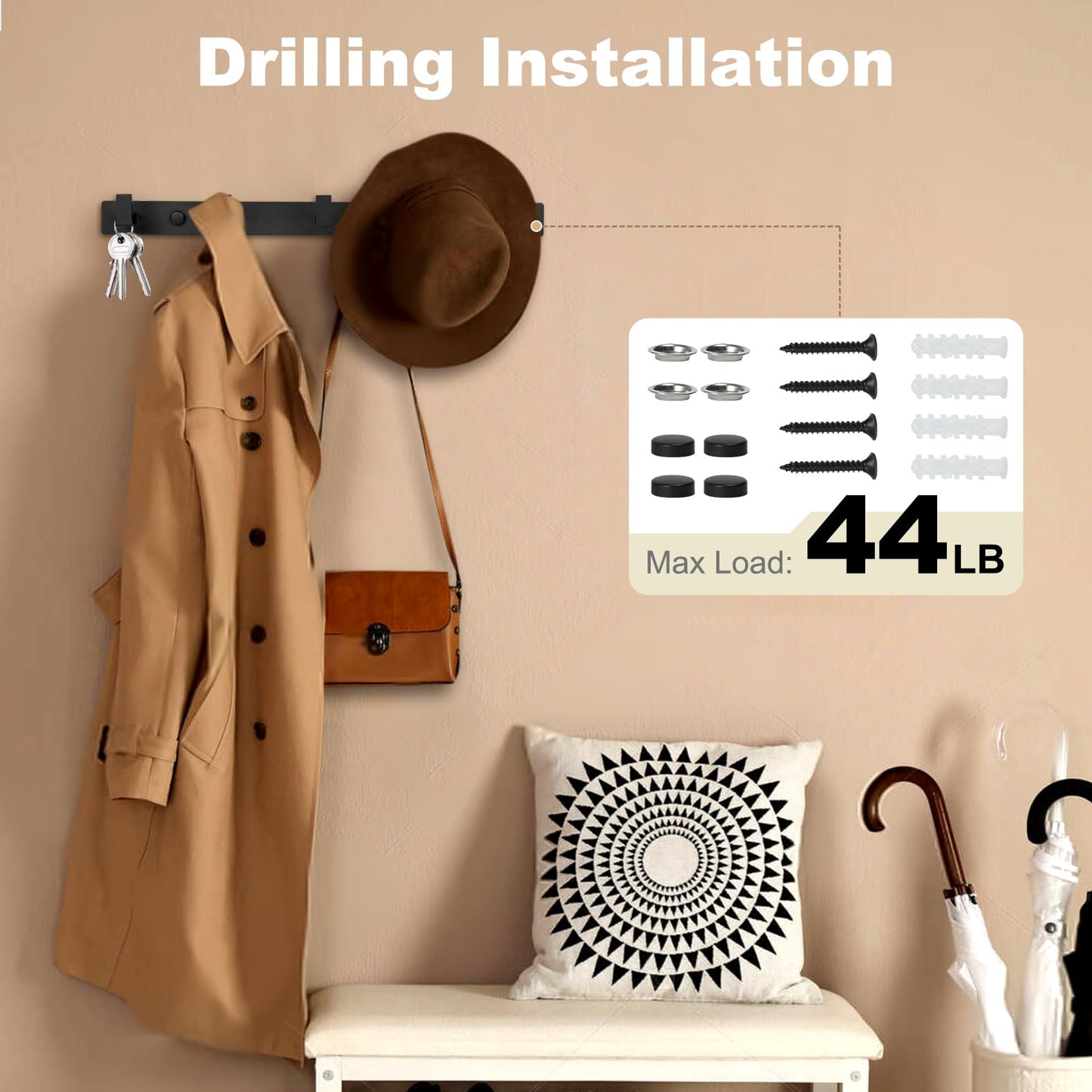 HOMEBROS Coat Rack Wall Mount, Metal Coat Hanger with 5 Hooks, Heavy Duty, Black, 1 Pcs