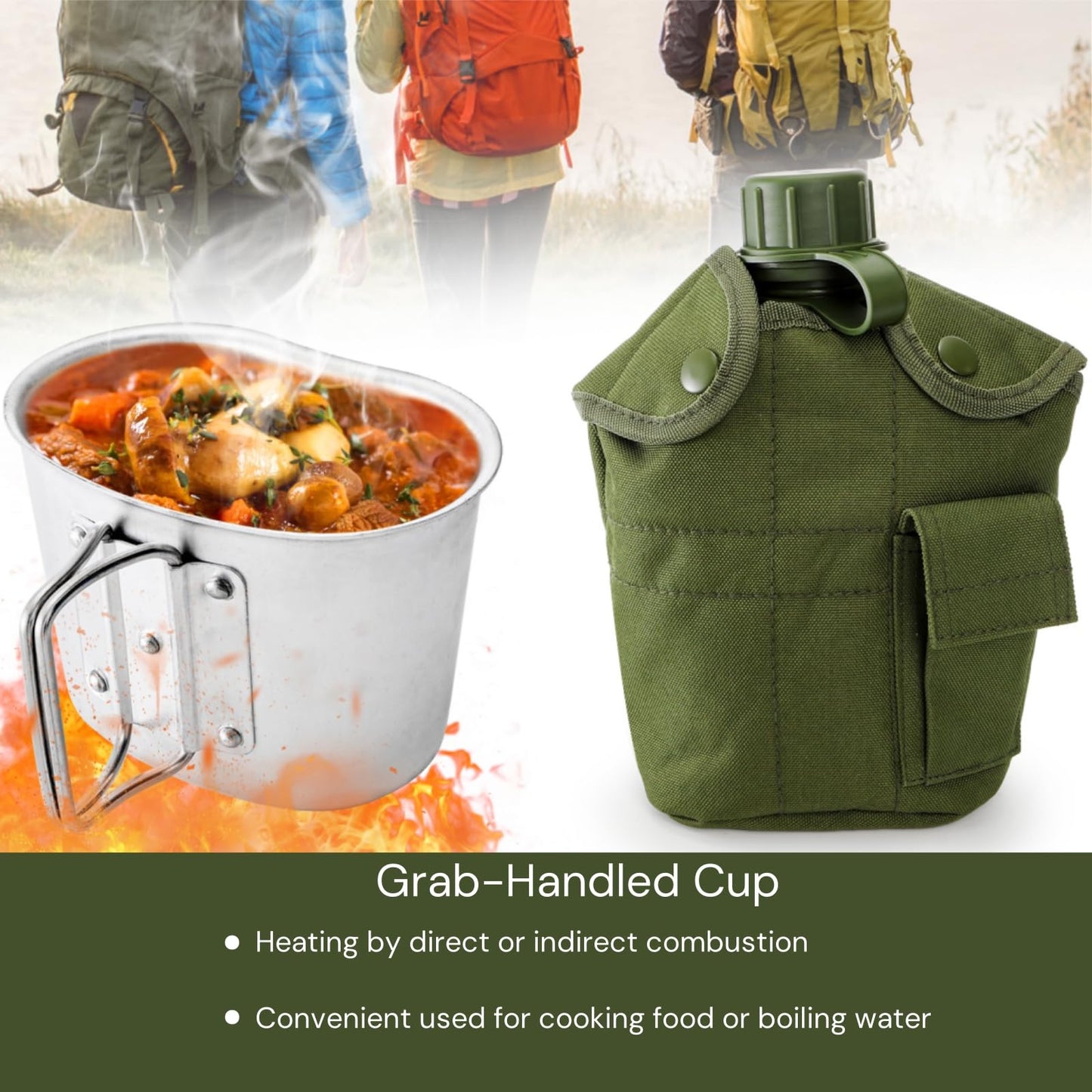 ZOOFOX Military Canteen, 1 Quart Portable Army Water Bottle with Aluminum Cup, Stainless Steel Spoon, Fork and Knife, Plastic Tactical Water Bottle for Military Hiking Camping Survival