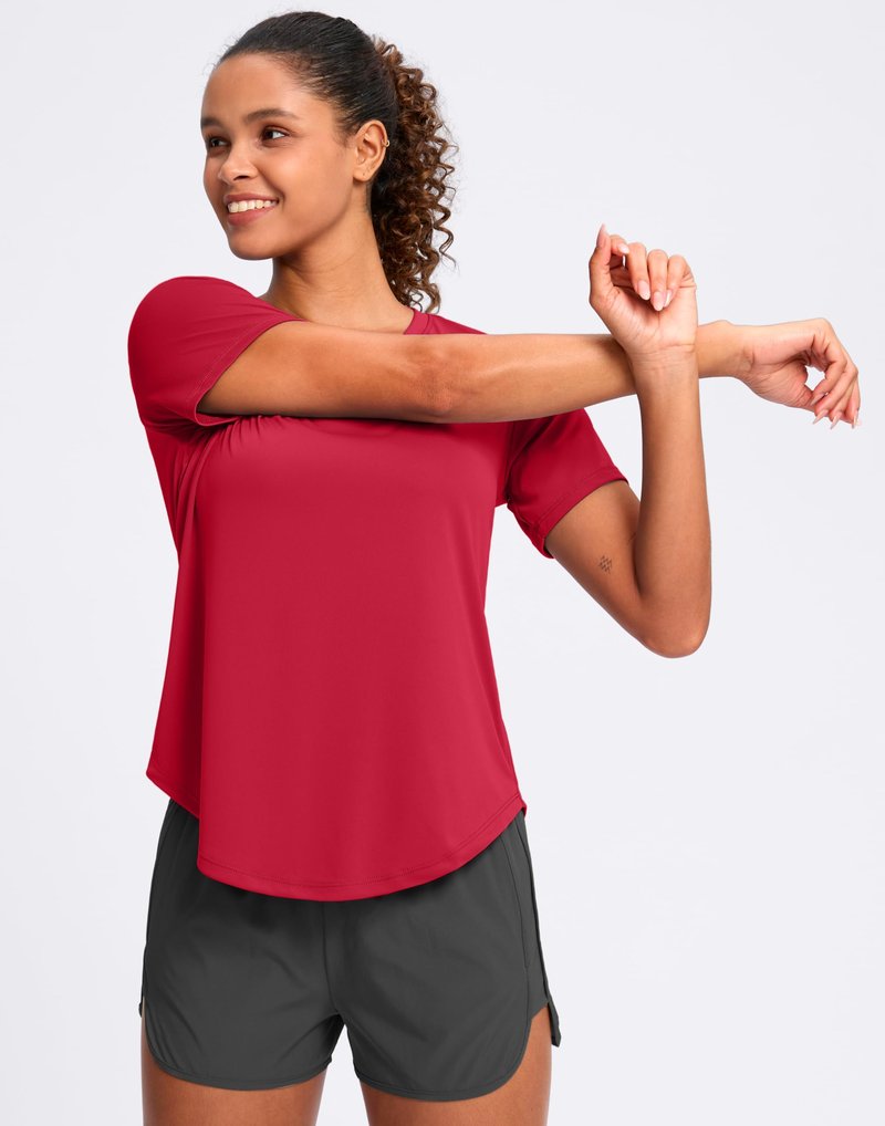 Womens Workout Shirts V-Neck Short Sleeve UPF 50+ Sun Shirt Moisture Wicking Dry Fit Top for Gym, Running, Athletic (Red, M)