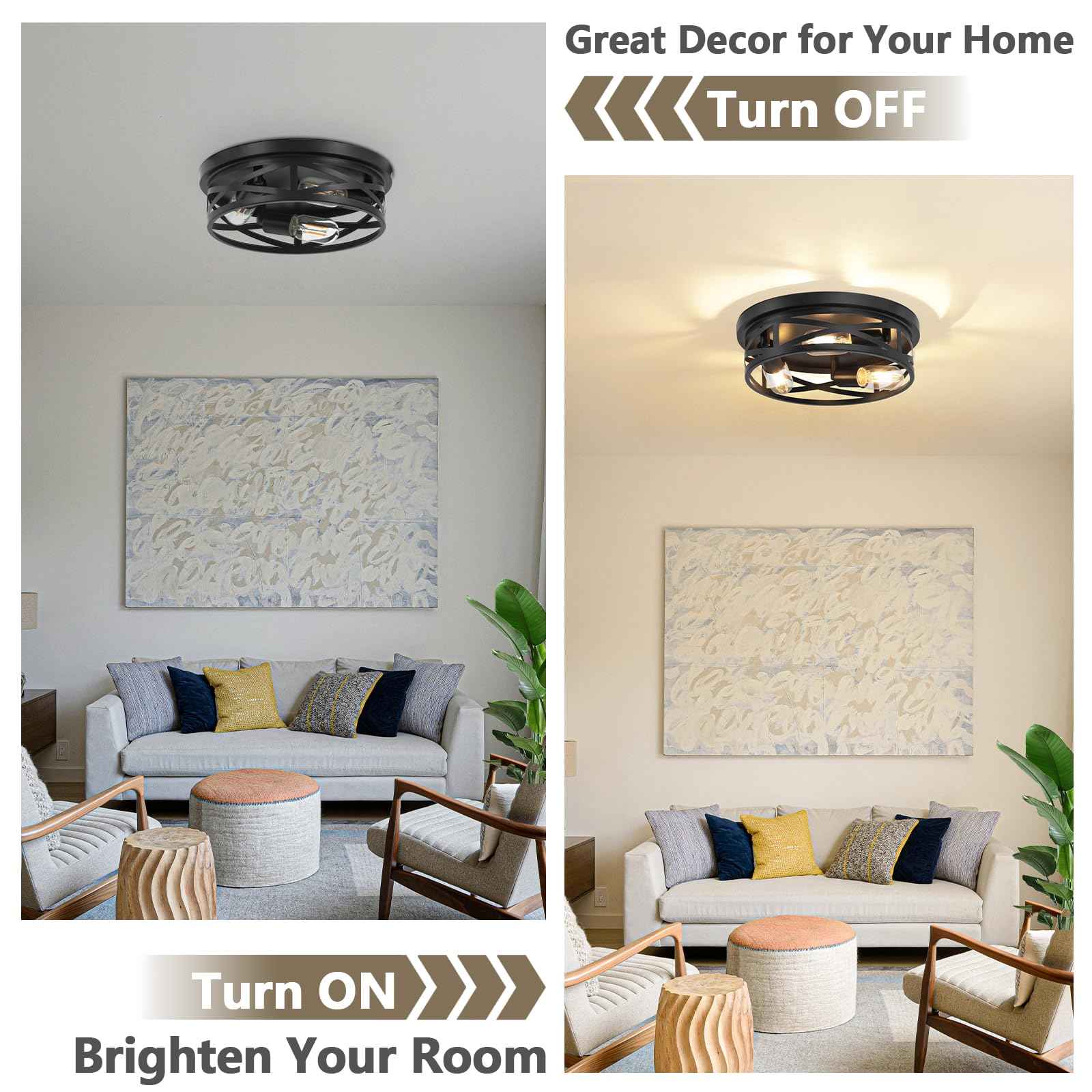 13-Inch Farmhouse Ceiling Light Fixtures 2-Pack, 3-Light Black Flush Mount Ceiling Light, Kitchen Lighting Fixtures Ceiling with Adjustable Head, Ceiling Lights for Hallway Kitchen Entryway, E26 Base