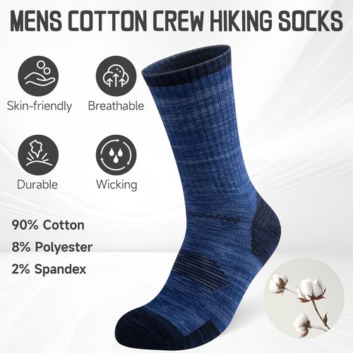 COOVAN Men's Cotton Crew Work Socks - 6 Pairs Moisture-Wicking Cushioned Boot Socks for Hiking & Running