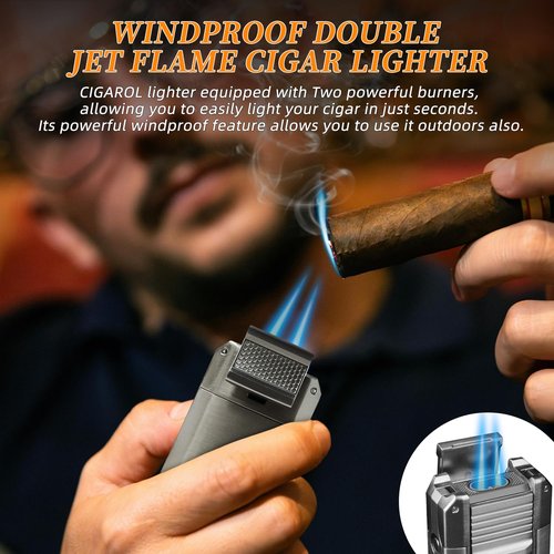 CIGAROL Cigar Lighter, 5-in-1 Cigar Torch Lighter, Double Jet Flame, V Cutter, Punch, Draw Enhancer & Cigar Rest – Butane Refillable Travel Cigar Lighter for Men
