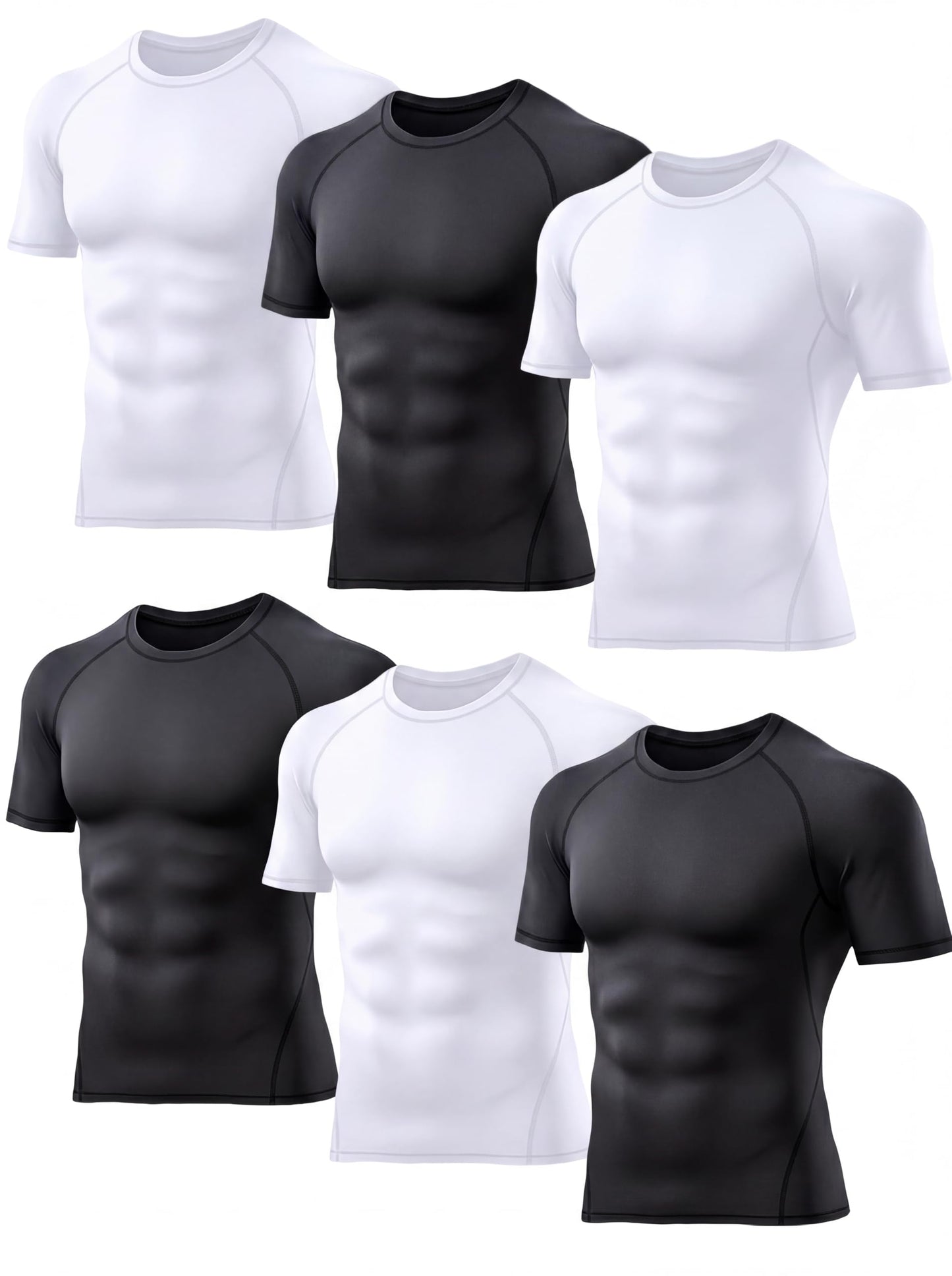 TELALEO 6 Pack Men's Compression Shirt Short Sleeve Athletic Baselayer Sports T Shirts Workout Tops for Men Black White M