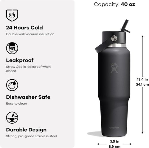 Hydro Flask Travel Water Bottle - Insulated Stainless Steel - 40 Oz Shale Gray with Wide Straw Lid