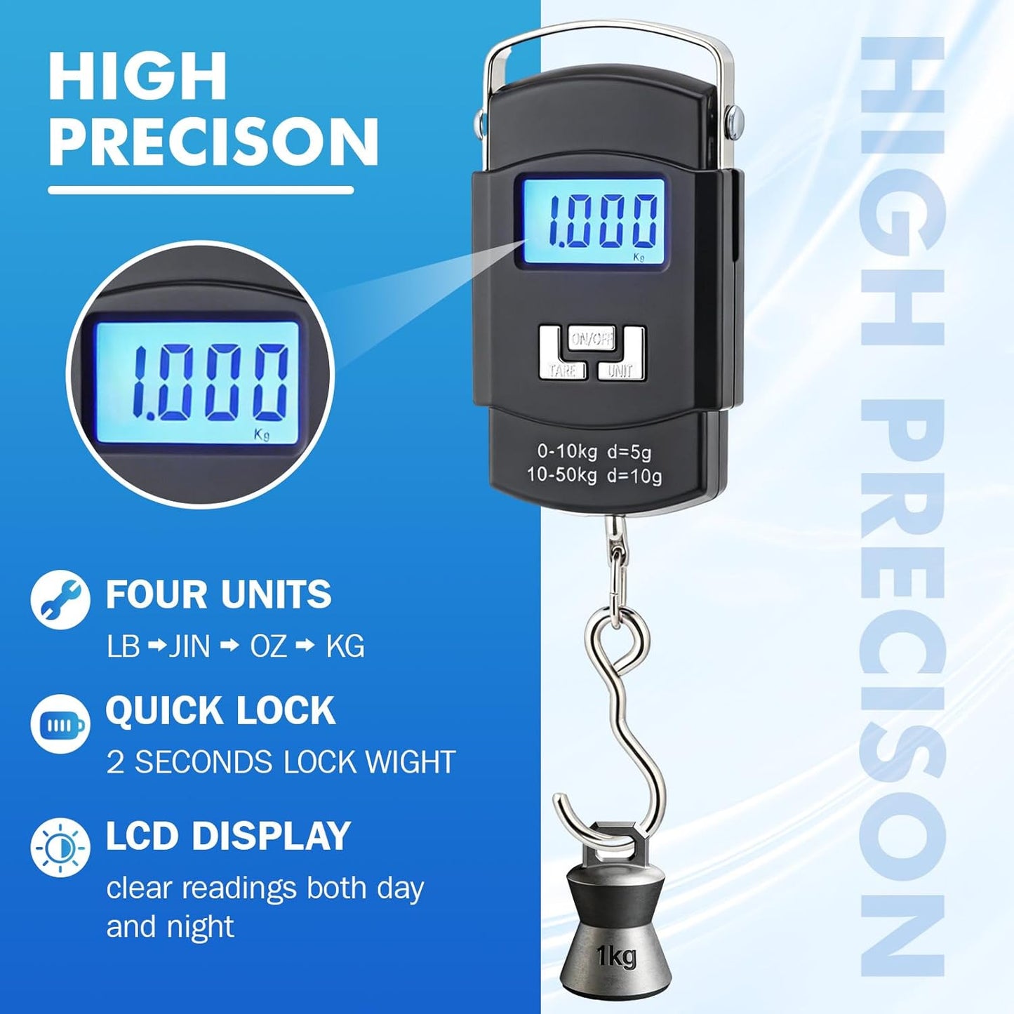 Sabary Digital Fish Scale - 110lb Capacity, Backlit LCD Display & Stainless Steel Hook | Perfect for Fishing, Travel & More