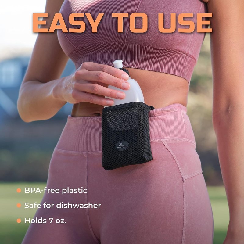 Running Buddy Running Water Bottle Pouch - 4" x 4" Black, 7 oz - Magnetic Water Bottle Holder for Running & Walking - No-Bounce Hydration Pack