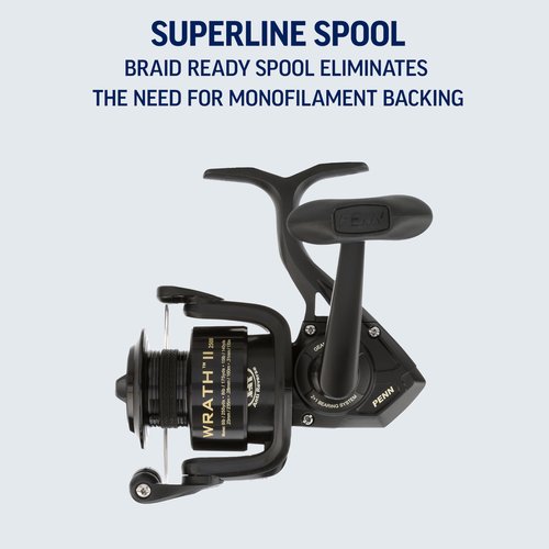 PENN Wrath II Saltwater Spinning Fishing Reel, Size 3000, Right/Left Handle Position, Corrosion-Resistant Graphite Body, Machined Anodized Aluminum Spool, Black/Gold