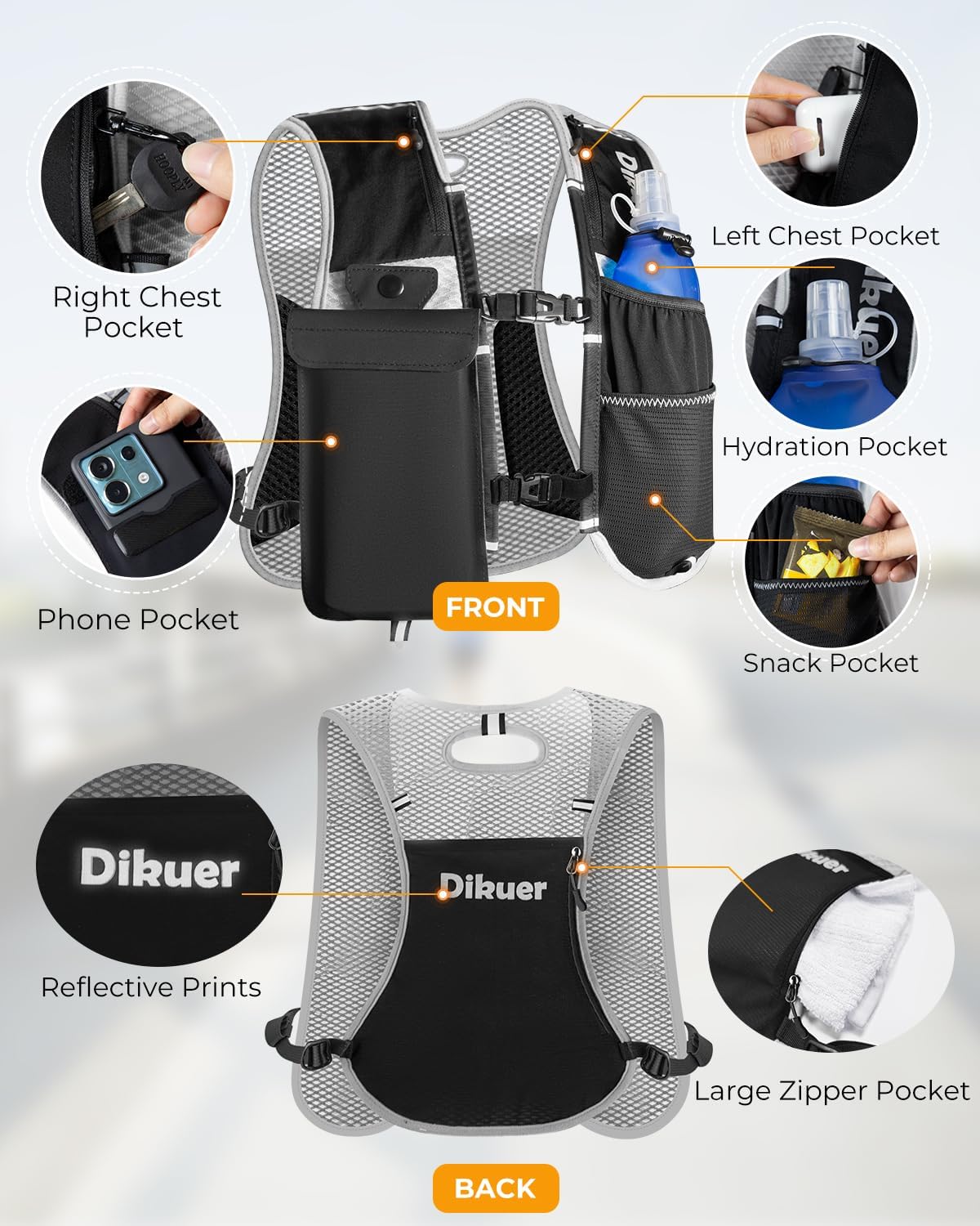 Skiennix Running Vest - Lightweight Hydration Pack with Waterproof Phone Pocket & 17oz Flask | Adjustable Reflective Straps for Hiking & Jogging