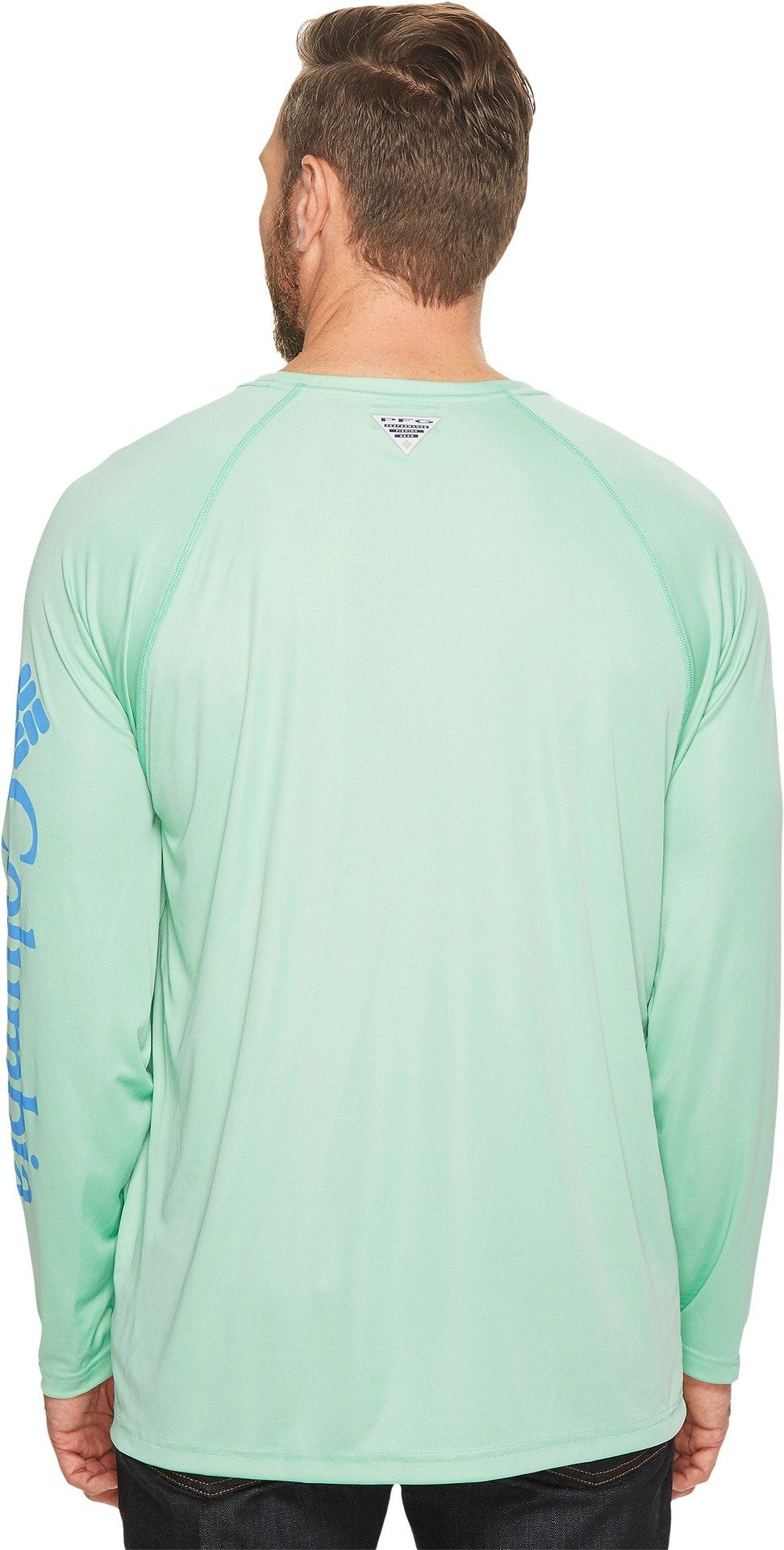 Columbia Men's Terminal Tackle Long Sleeve Shirt, Kelp/Harbor Blue Logo, Small