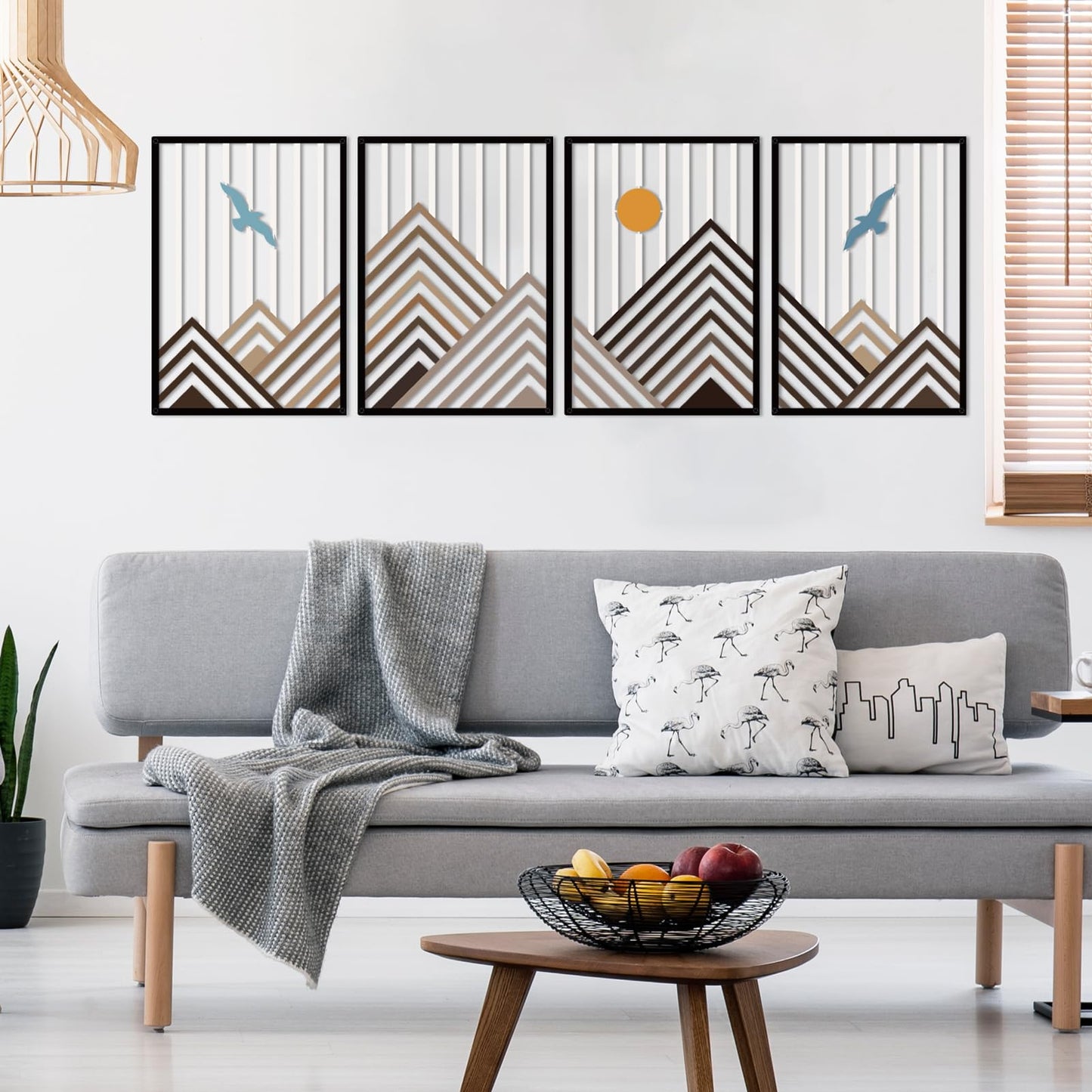 Resama 4 Pcs Geometric Mountain Wall Art, Bird & Sun Nature Metal Wall Decor, Modern Abstract Mountain Range Wall Sculpture for Living Room Bedroom, Minimalist Home Hanging Art