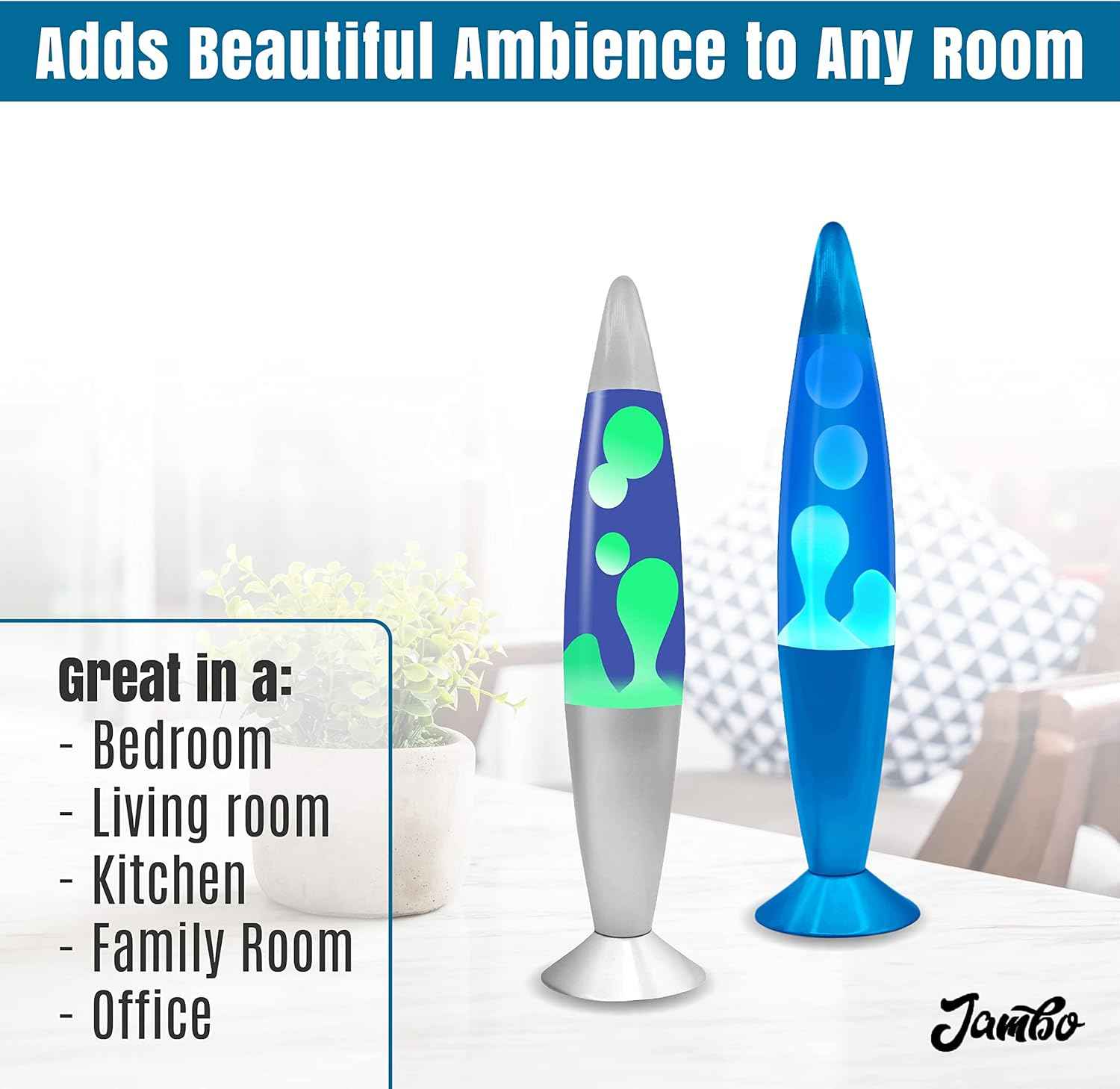 JAMBO 2-Pack 16" Liquid Lava Lamps - Silver & Blue Night Lights for Relaxation