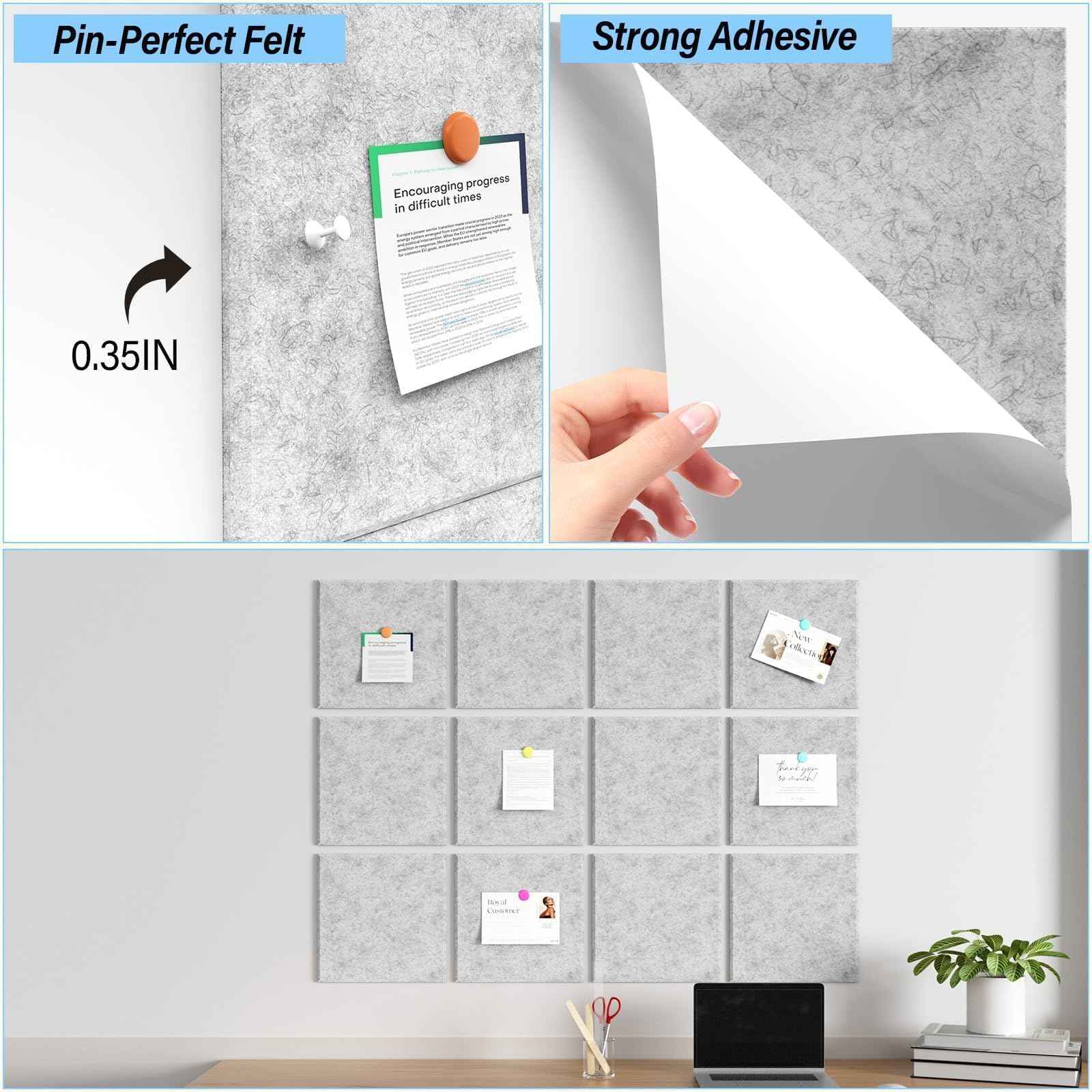 Baysola Large Cork Boards for Walls – 48 x 36 Self Adhesive Felt Wall Tiles, Ideal for Office Wall Organizing Bulletin Board, Easy to Install Cork Boards Felt Board