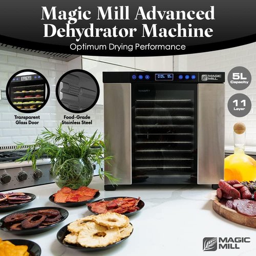 Magic Mill Food Dehydrator Machine - 11 Stainless Steel Trays | Adjustable Timer & Temperature Control for Jerky, Herbs, Fruits & Vegetables