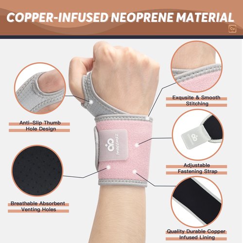 INDEEMAX Copper Carpal Tunnel Wrist Brace, 2 Pack Wrist Support Wraps for Men Women, Adjustable Compression Wrist Brace for Tendonitis, Pain Relief, Arthritis, Sports, Work, Sleeping, Both Hands, Pink