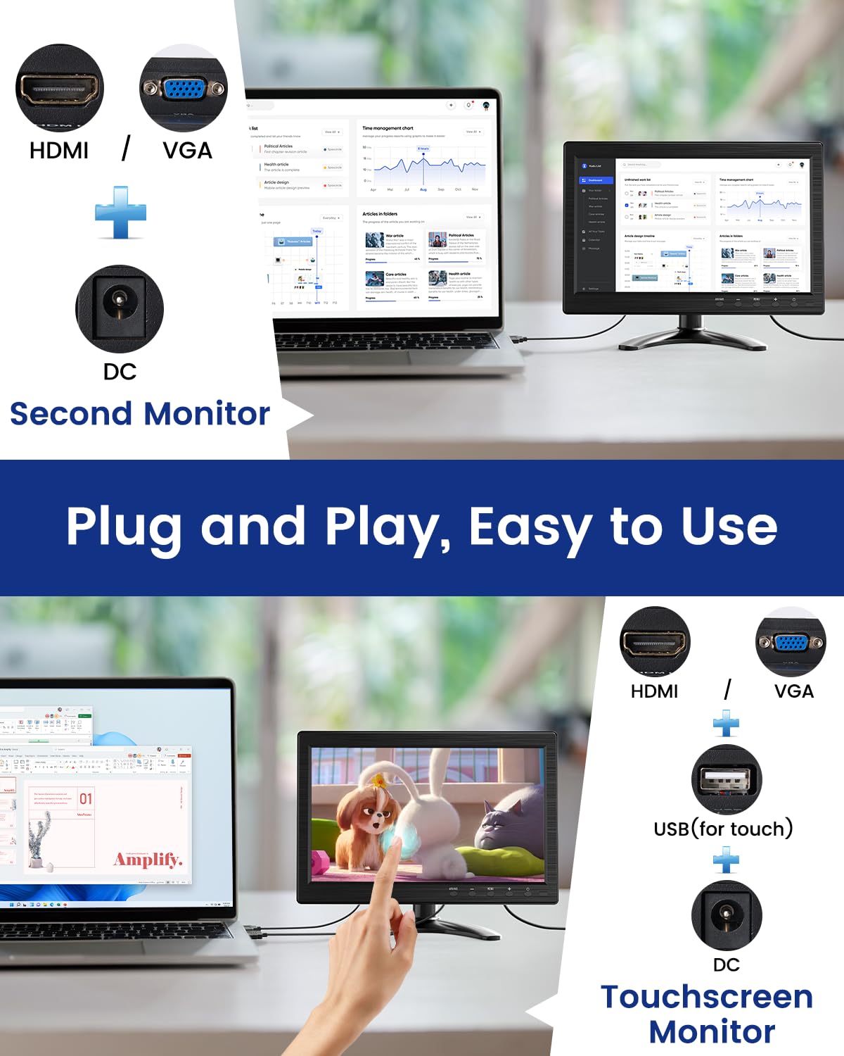 Eyoyo 10.1 inch Security Monitor 1366x768 Resolution, Small HDMI Monitor Supporting HDMI VGA AV BNC USB Input, Small Screen with Built-in Speakers for PC CCTV Camera NVR (EM101ADC)