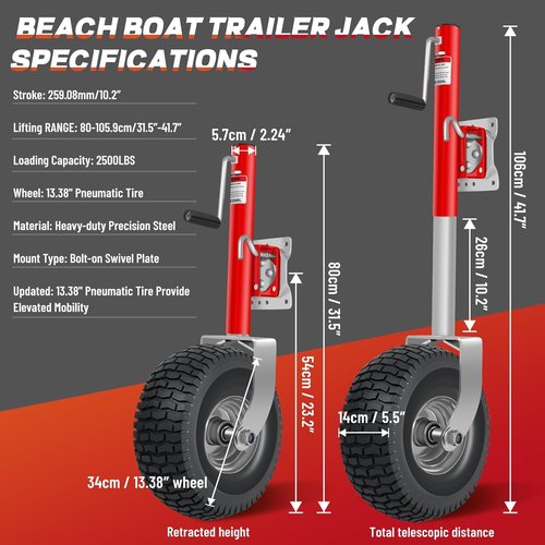 Beach Boat Trailer Jack - 2500 lbs Capacity with 13.3" Wheels | Heavy-Duty Swivel Tongue Jack (Red)