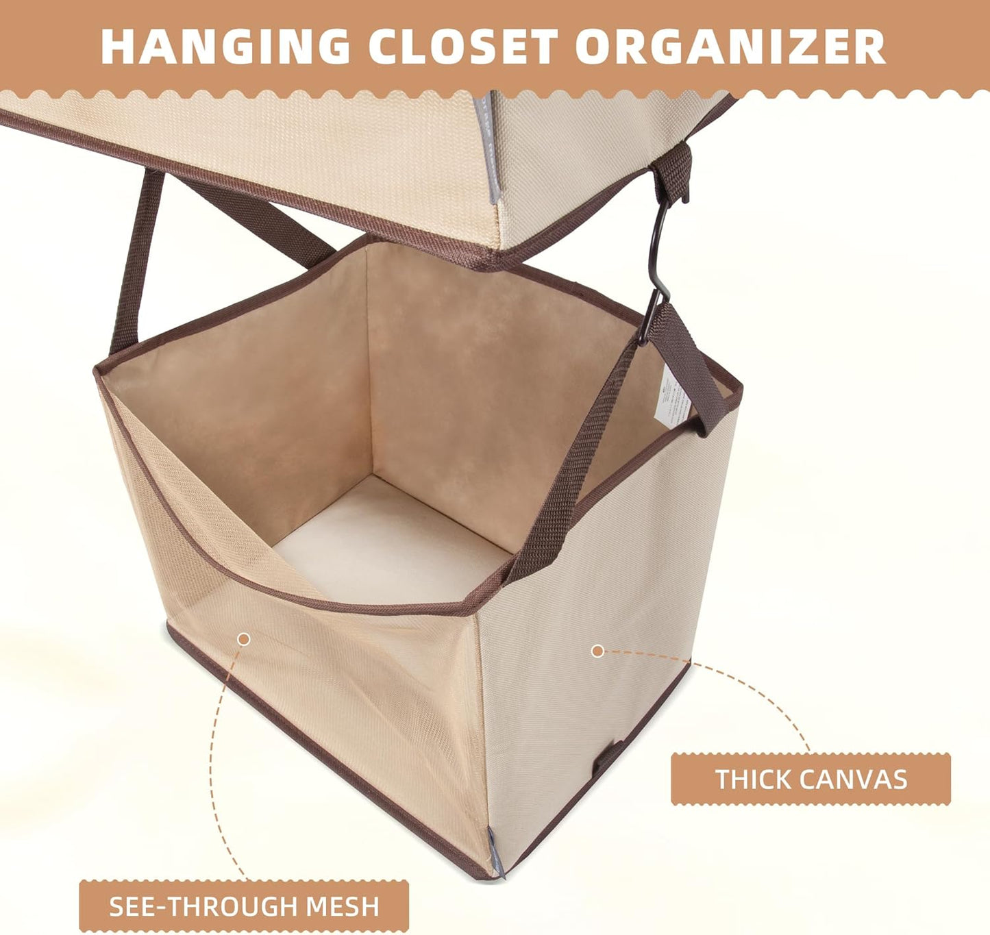Storage Maniac 2-Shelf Hanging Closet Organizer - Canvas Shelf with Hooks for Dorm & Bedroom - Beige