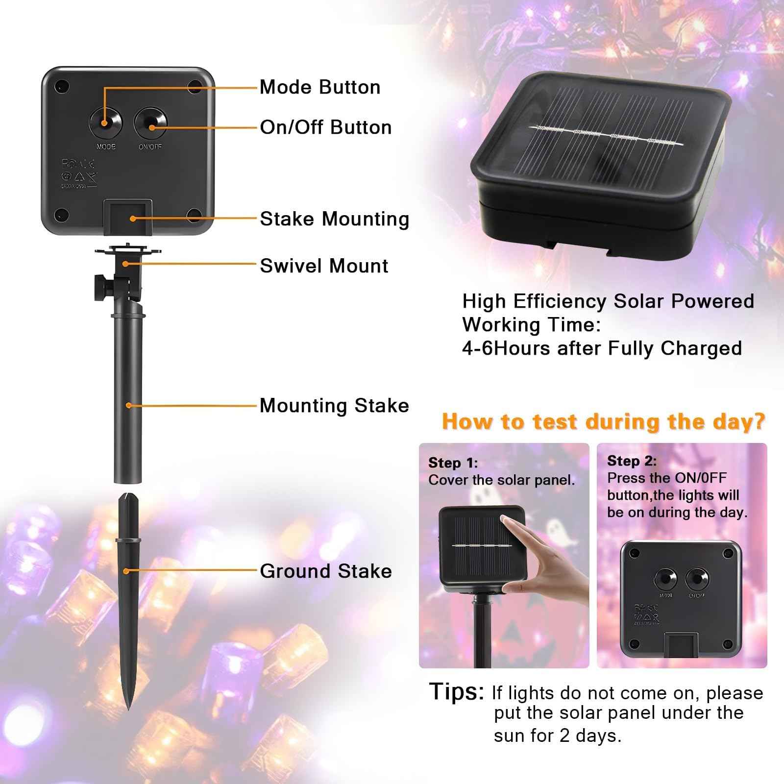 SyouHome 2-Pack Solar String Lights,78Ft Extra-Long 200 LED Waterproof Solar Halloween Lights, 8 Modes for Garden, Patio, Wedding (Purple & Orange)