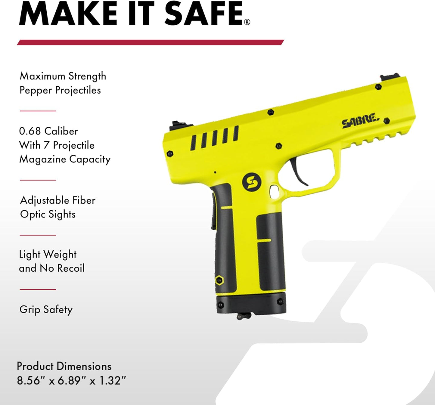 SABRE Pepper Projectile Launcher - Home Defense with Adjustable Sights | 7-Round Capacity, 350 FPS Velocity
