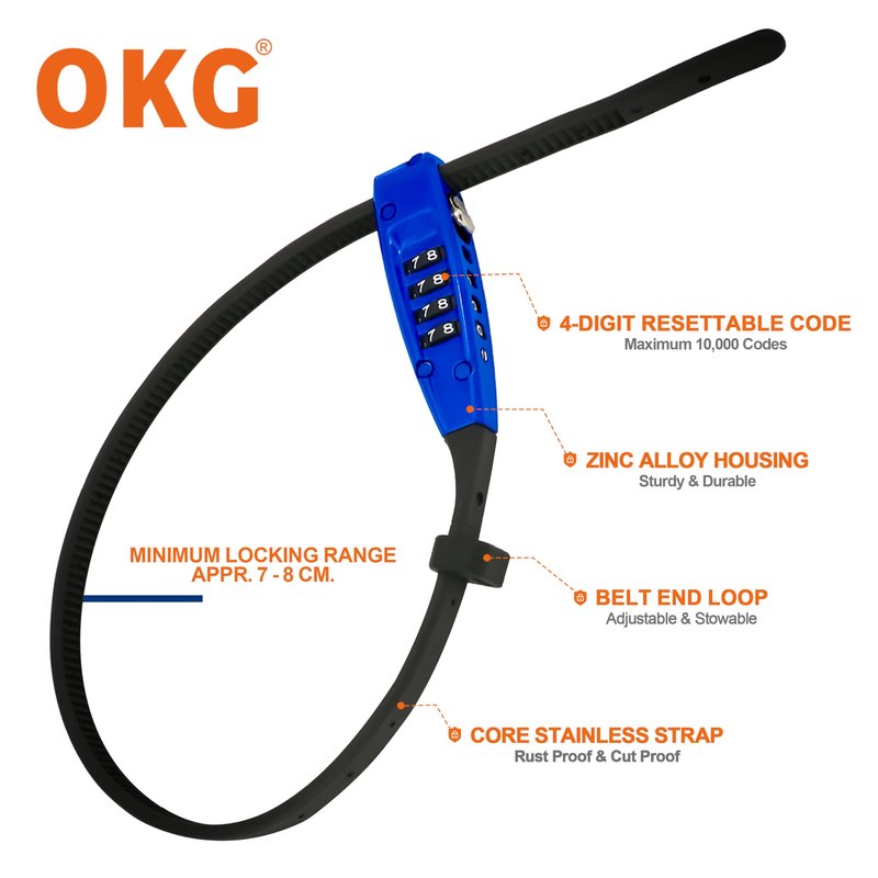OKG 4-Digit Combination Zip Tie Lock - Anti-Scratch Stainless Steel Cable Bike Lock with Resettable Code, Secure Helmets, Skis, Prams, Bike, Cabinet, French Doors, and More (Blue)