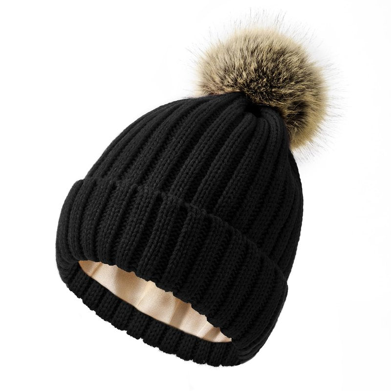 Century Star Womens Satin Lined Winter Beanie with Detachable Faux Fur Pom Pom, Warm Knit Cuffed Hat for Cold Weather Black One Size