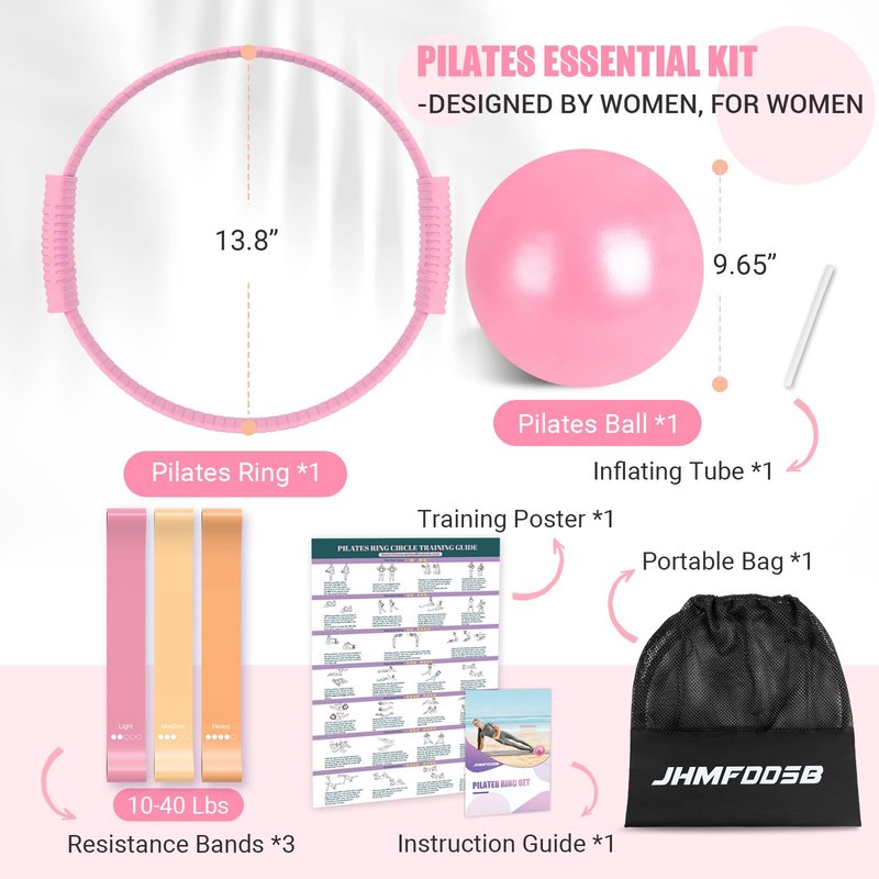 JHMFDDSB Pilates Ring Set, Pilates Essentials Kit with Pilates Ring and Ball, 3 Resistance Bands, Portable Bag & Training Poster, at Home Pilates Starter Workouts Equipment Kit for Women